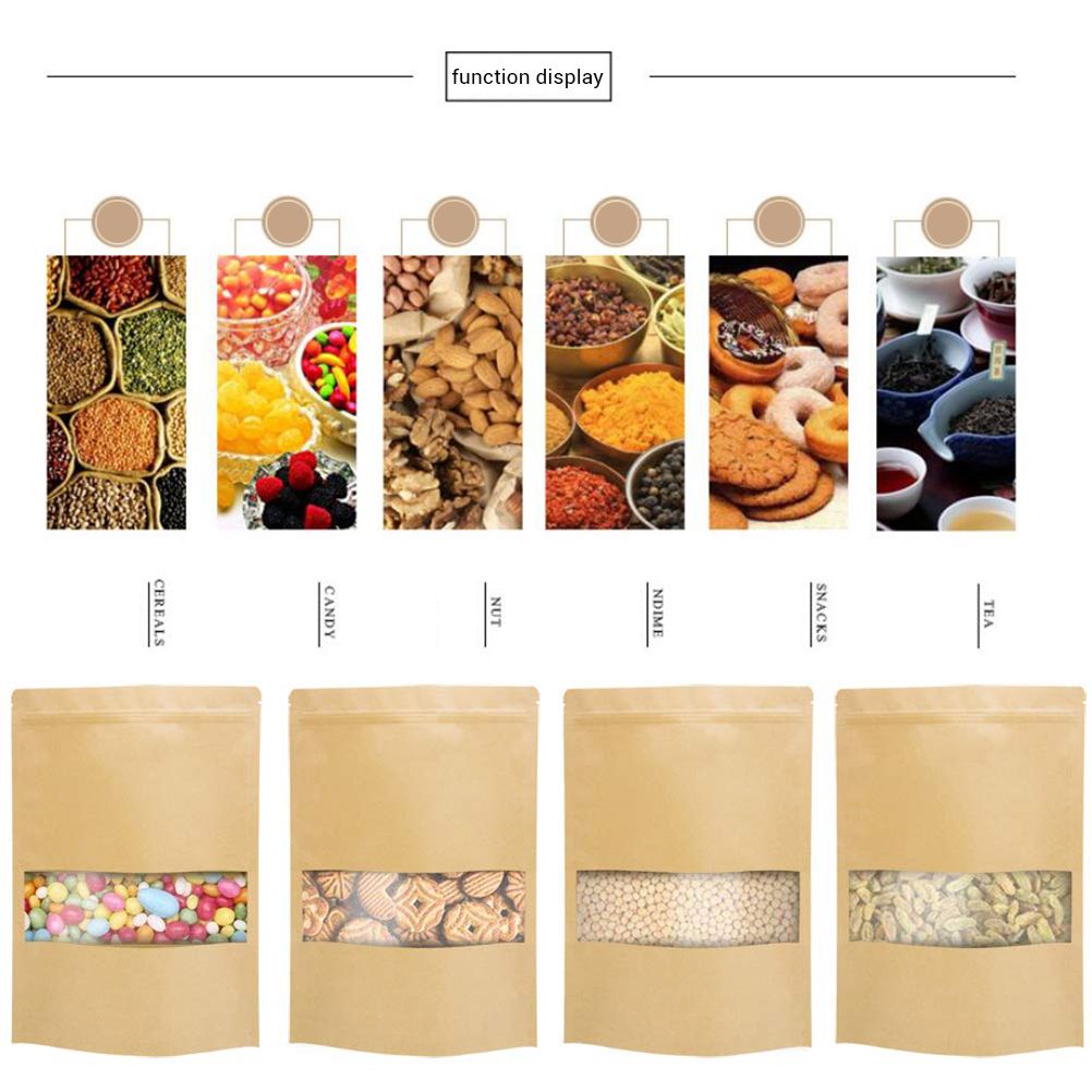 50Pcs Stand Up Pouch Bags Kraft Pouches with Tear Notch and Matte Window view 5