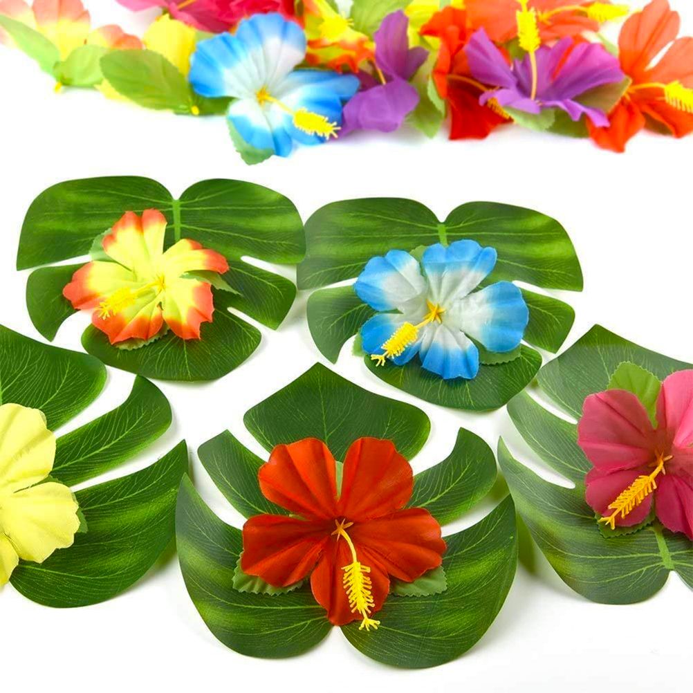 108 Pieces Hawaiian Tropical Party Decoration Set Leaves Flowers Umbrellas for view 4