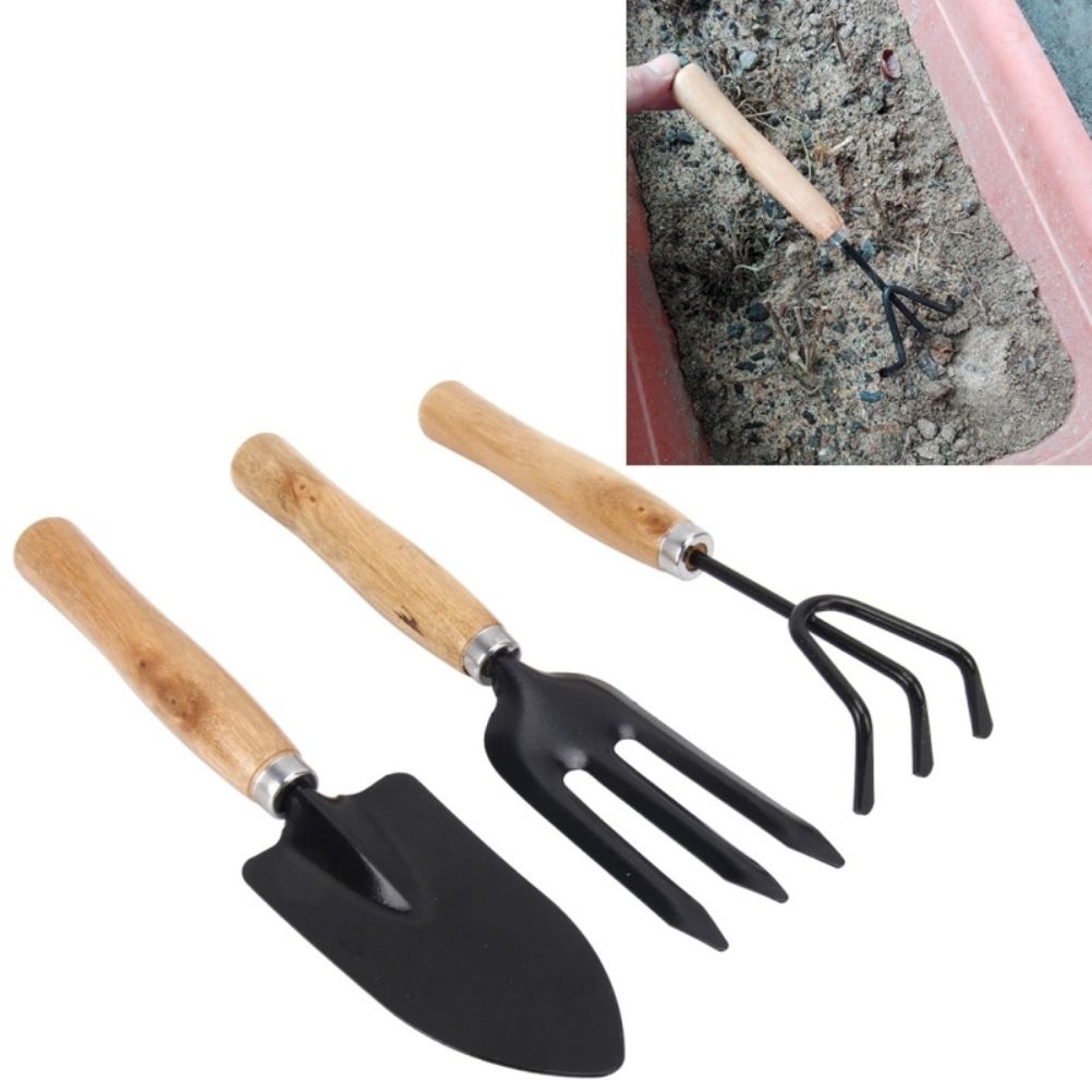 3PCS/Set Wooden Handle Mini Gardening Potted Tool Gardening Shovel Rake Fork view 2
