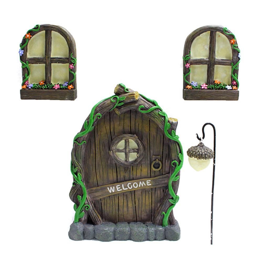 Miniature Fairy Elf Home Door Windows and Chandelier Luminous Tree Decor Art — image 1