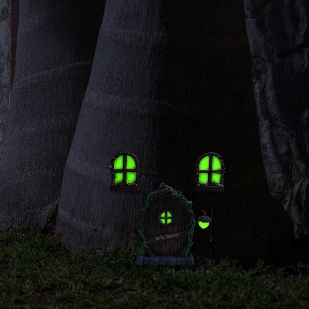 Miniature Fairy Elf Home Door Windows and Chandelier Luminous Tree Decor Art view 2