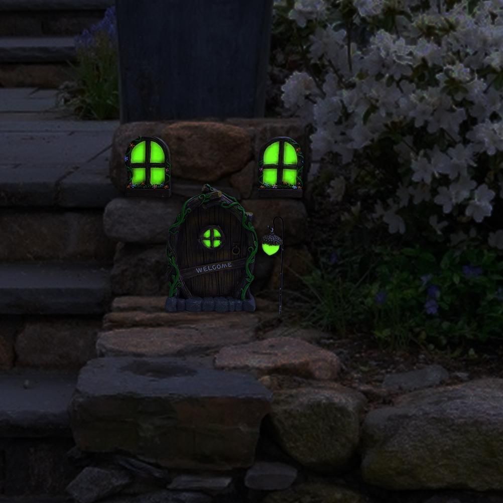 Miniature Fairy Elf Home Door Windows and Chandelier Luminous Tree Decor Art view 3