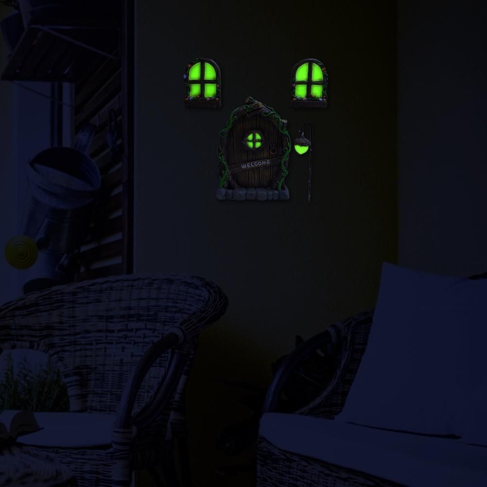 Miniature Fairy Elf Home Door Windows and Chandelier Luminous Tree Decor Art view 4