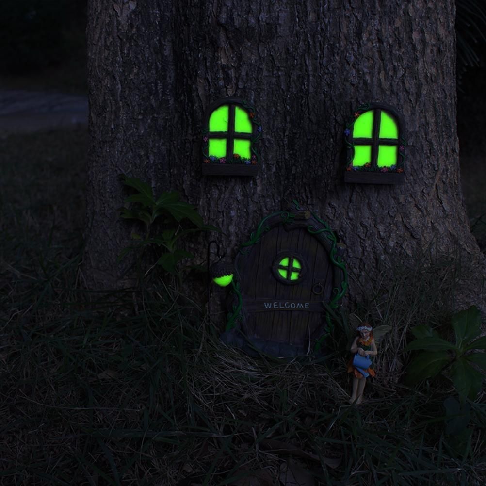 Miniature Fairy Elf Home Door Windows and Chandelier Luminous Tree Decor Art view 6