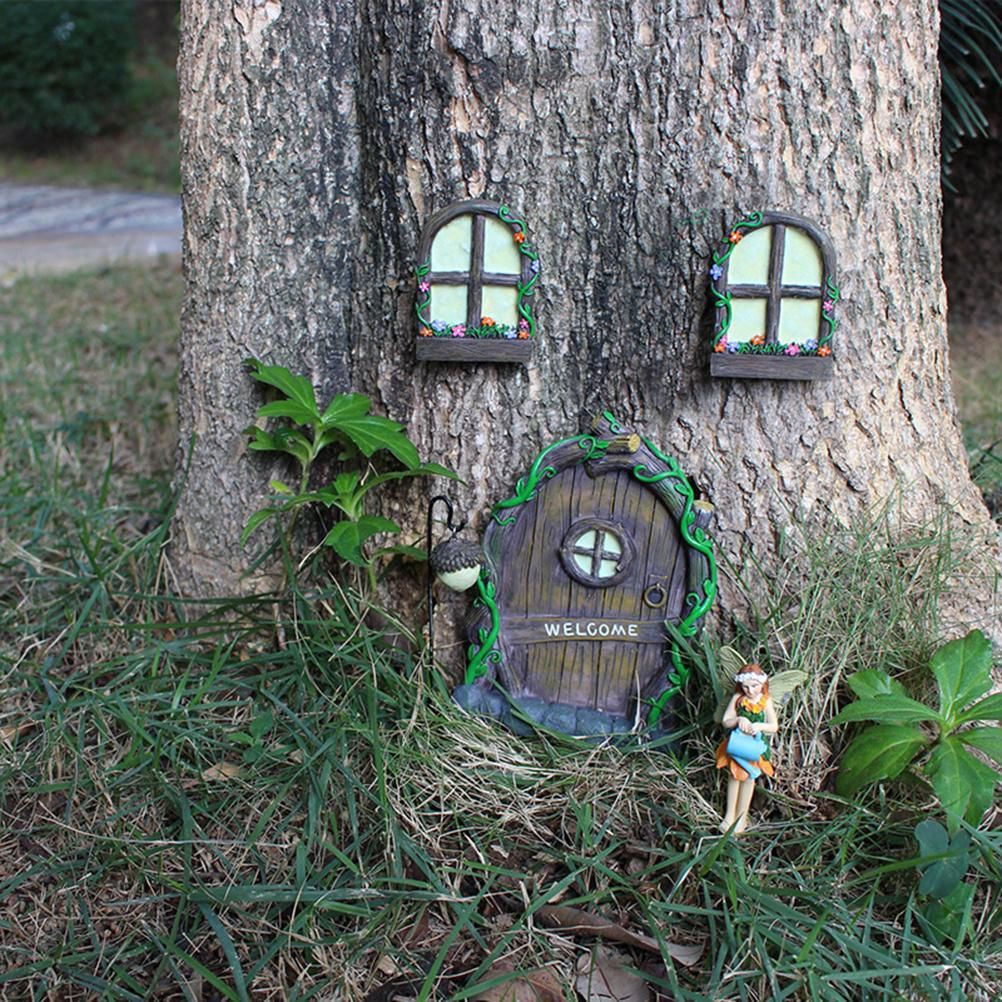 Miniature Fairy Elf Home Door Windows and Chandelier Luminous Tree Decor Art view 7