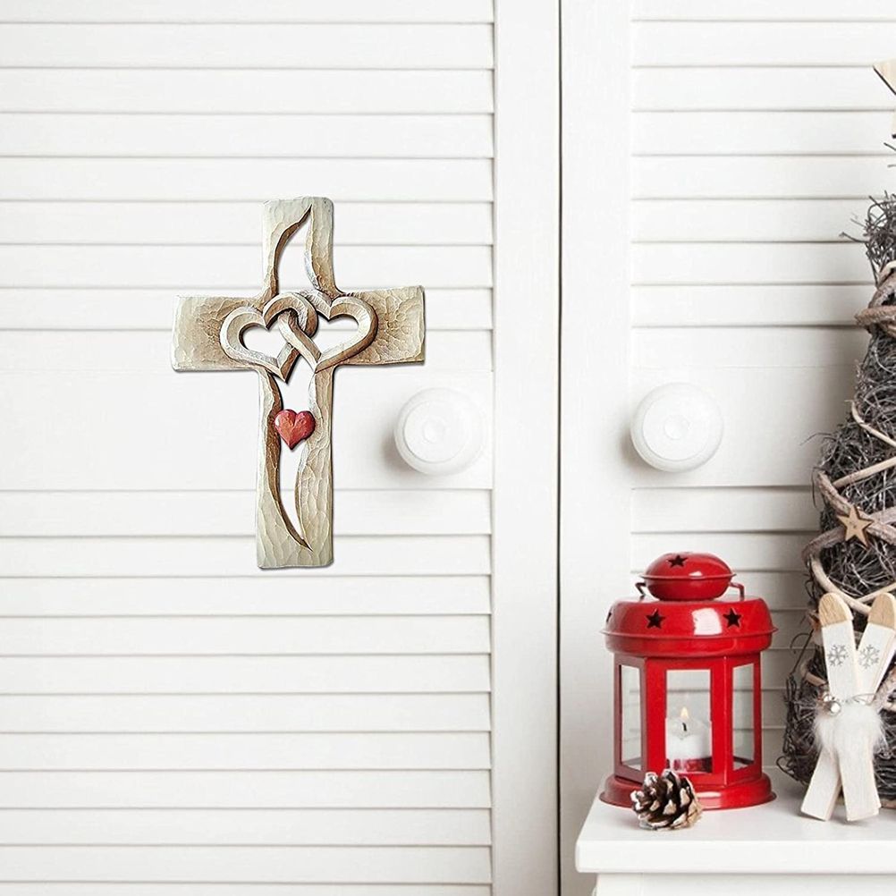 Carved Cross Intertwined Hearts Love Wooden Cross Hand Carved Design for Wall view 3