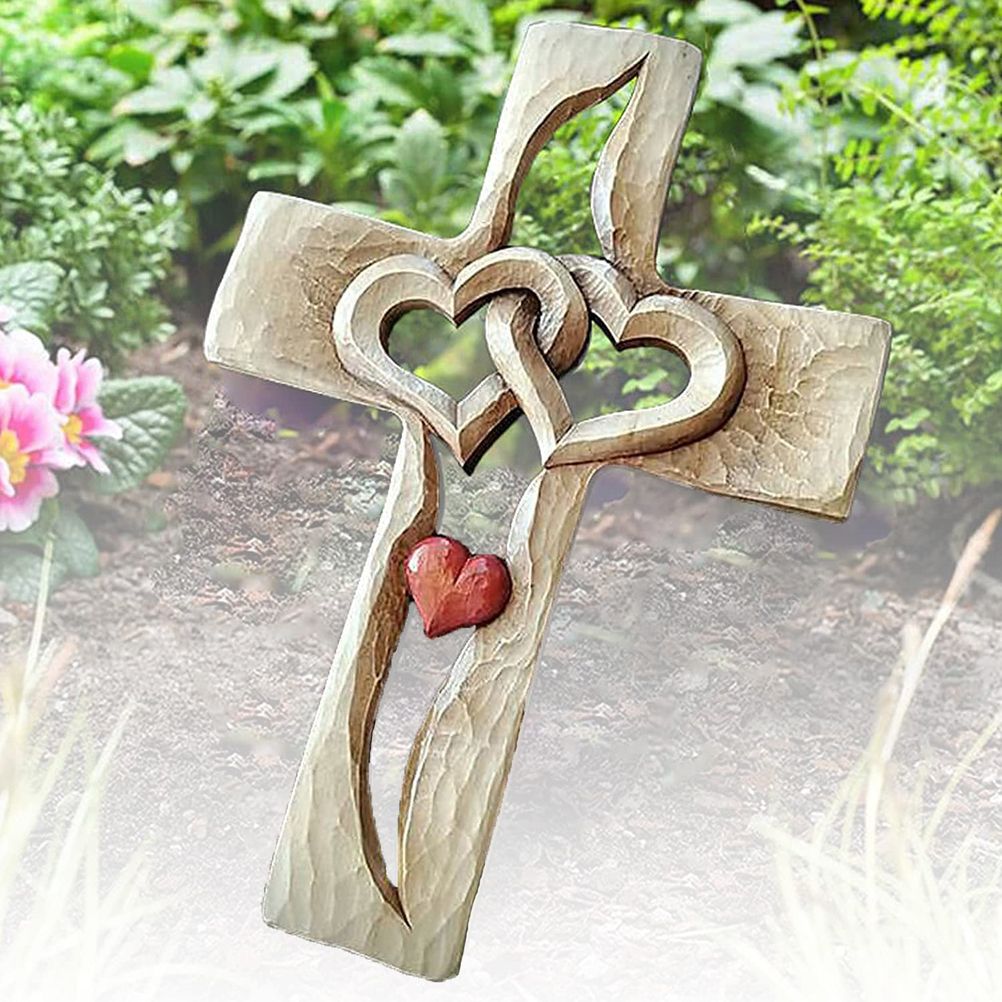 Carved Cross Intertwined Hearts Love Wooden Cross Hand Carved Design for Wall view 4