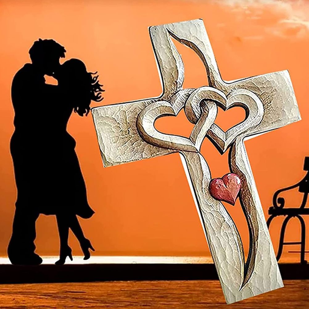 Carved Cross Intertwined Hearts Love Wooden Cross Hand Carved Design for Wall view 5