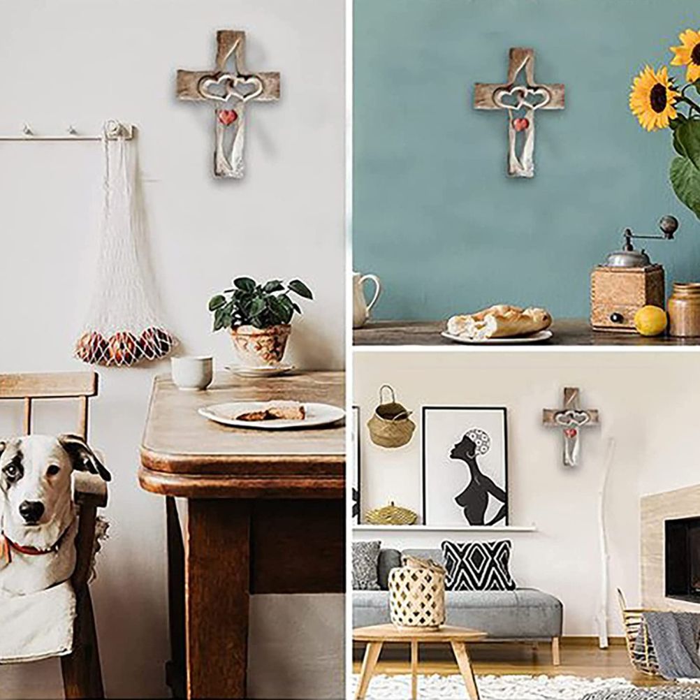 Carved Cross Intertwined Hearts Love Wooden Cross Hand Carved Design for Wall view 6