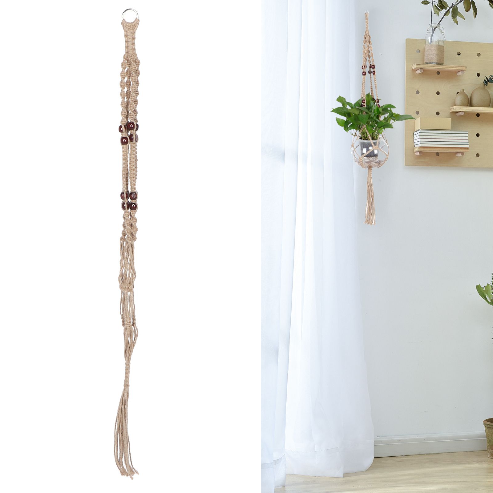 Plant Hanger Hanging Flowerpot Lifting Rope with Wooden Beads Indoor Outdoor view 10