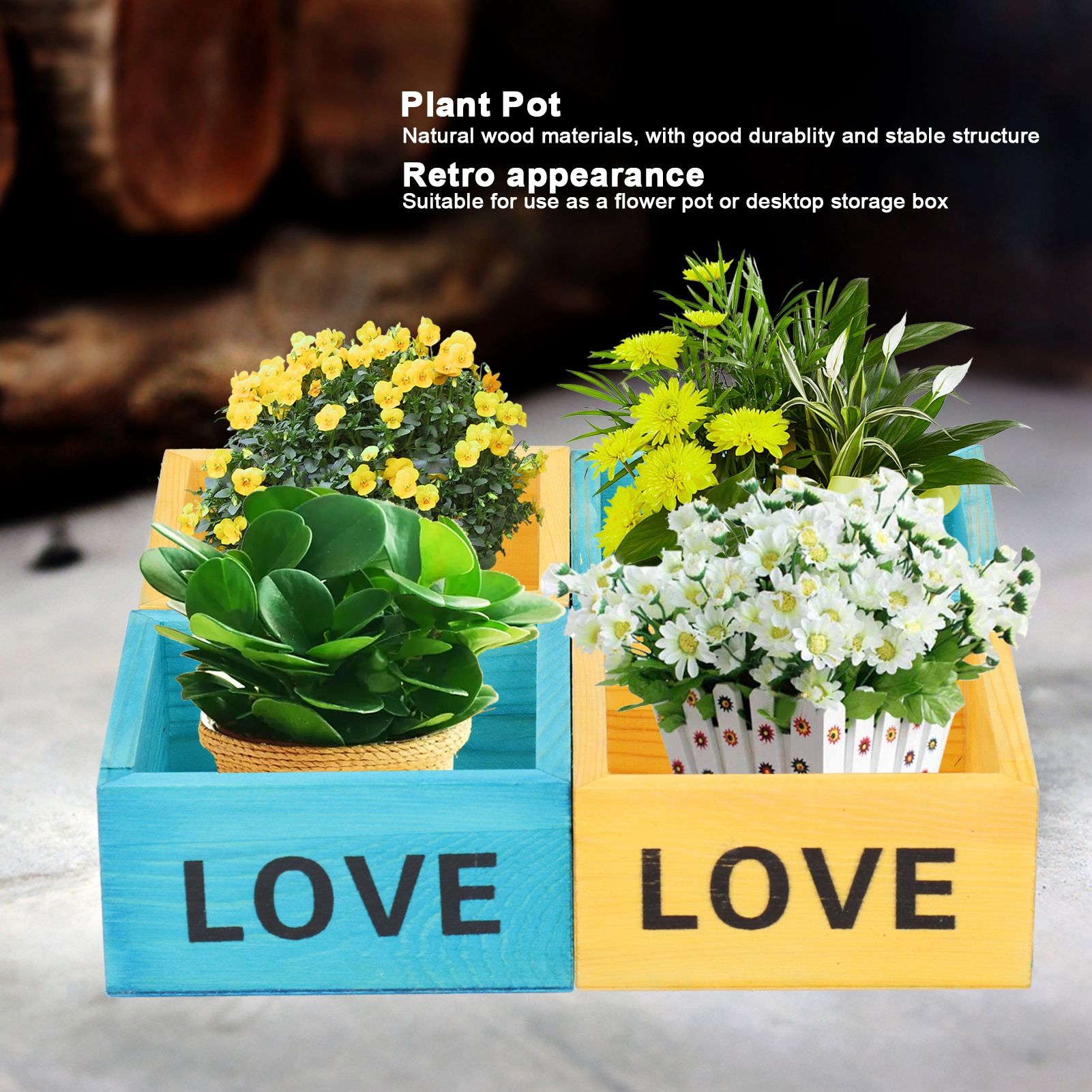 4Pcs Plant Pot Vintage Wooden Succulent Planter Box Flowerpot for Indoor view 15