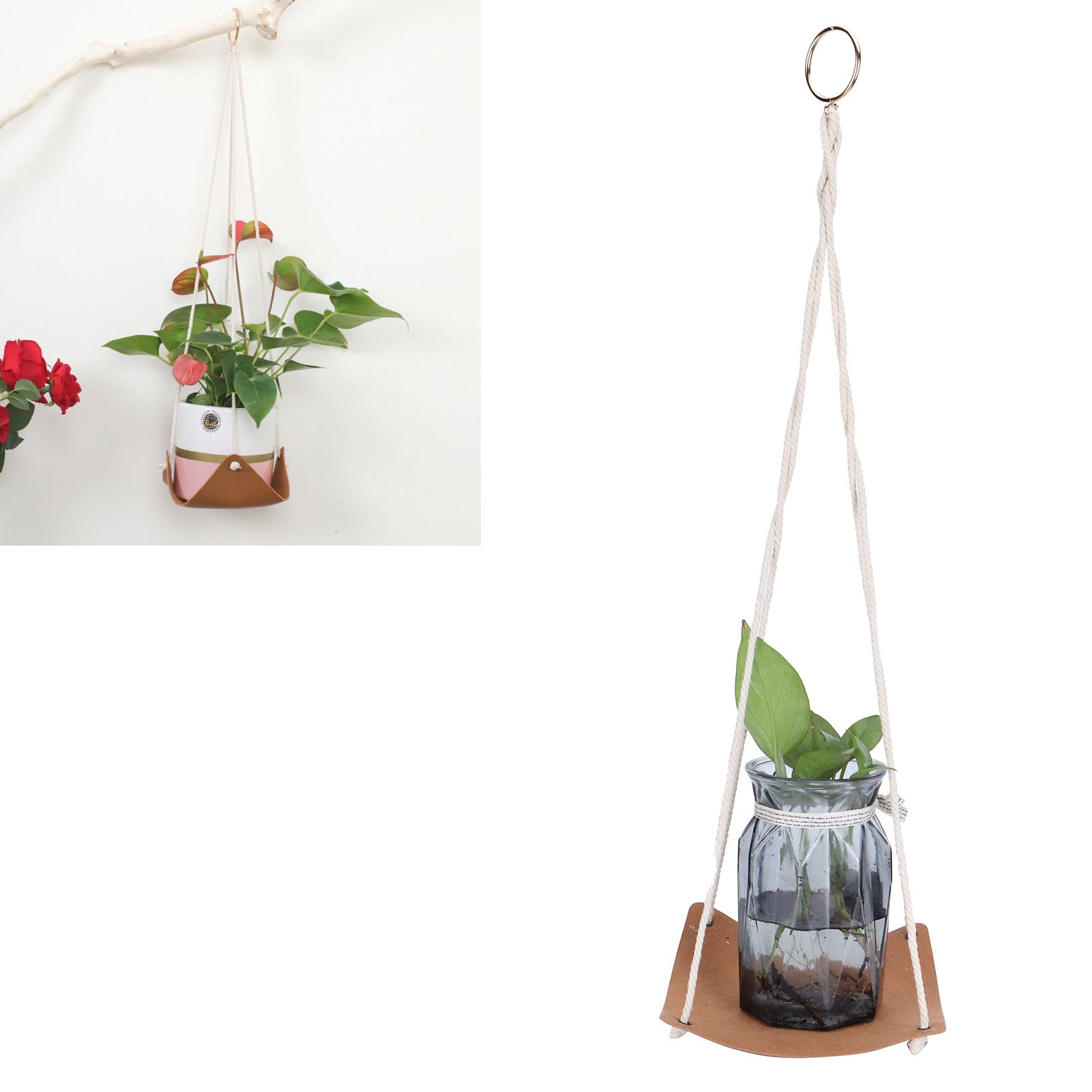 Plant Hanger PU Leather Square Base Cotton Rope Flower Pot Succulent Hanging view 9