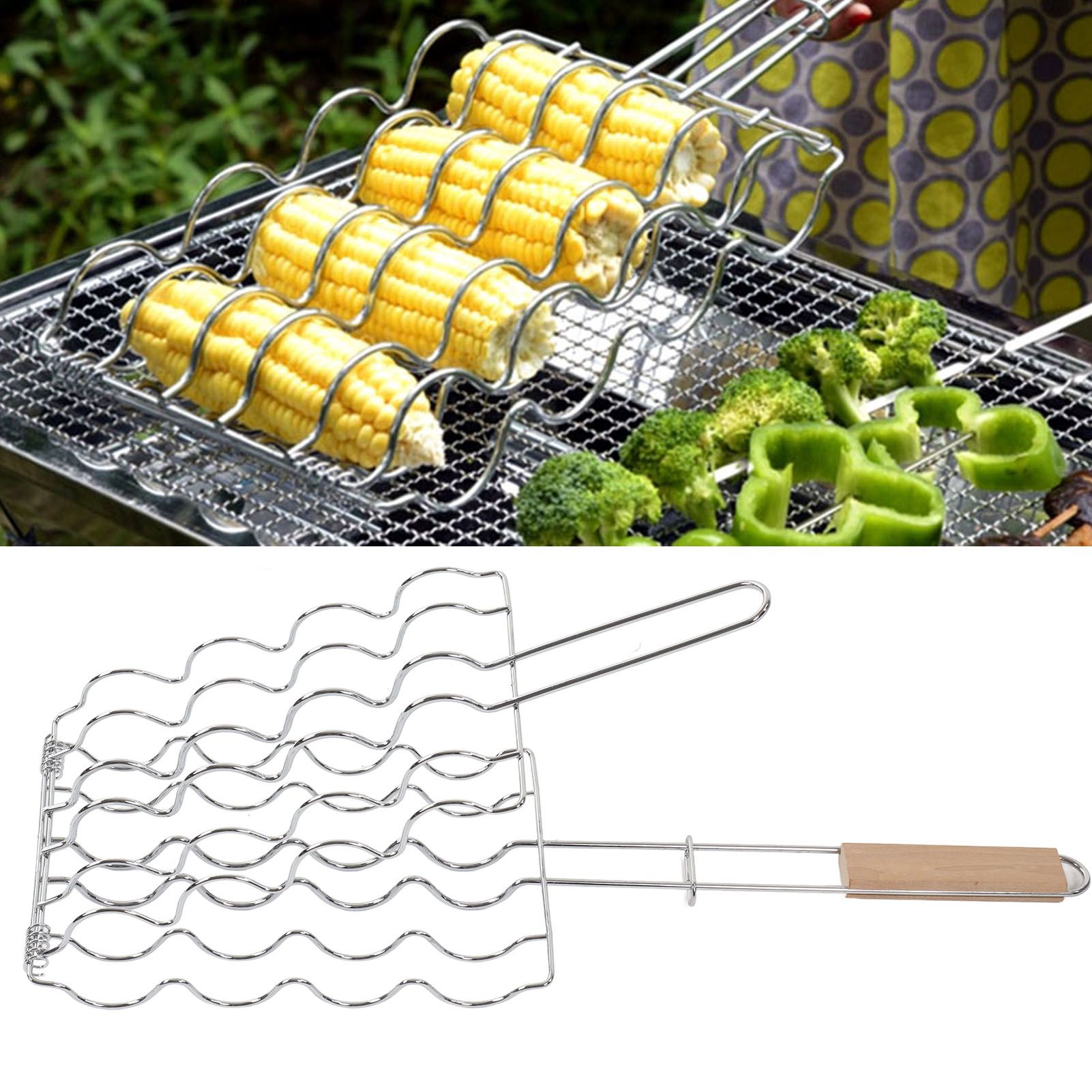 Corn Grilling Basket Stainless Steel Beech Wood Handle Even Heat Distribution view 11