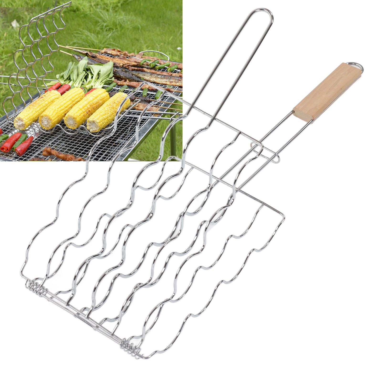 Corn Grilling Basket Stainless Steel Beech Wood Handle Even Heat Distribution view 12