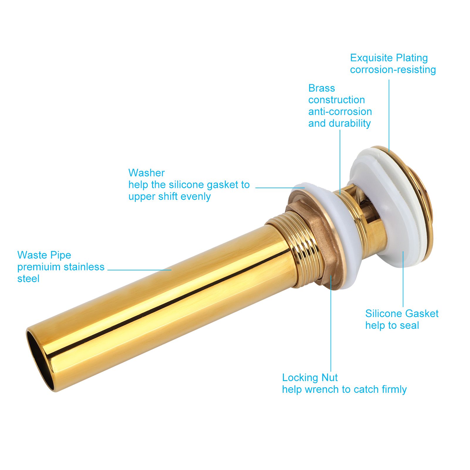 Gold Sink Drain without Overflow Anti Clog Bathroom Faucet Wash Basin Drain view 14