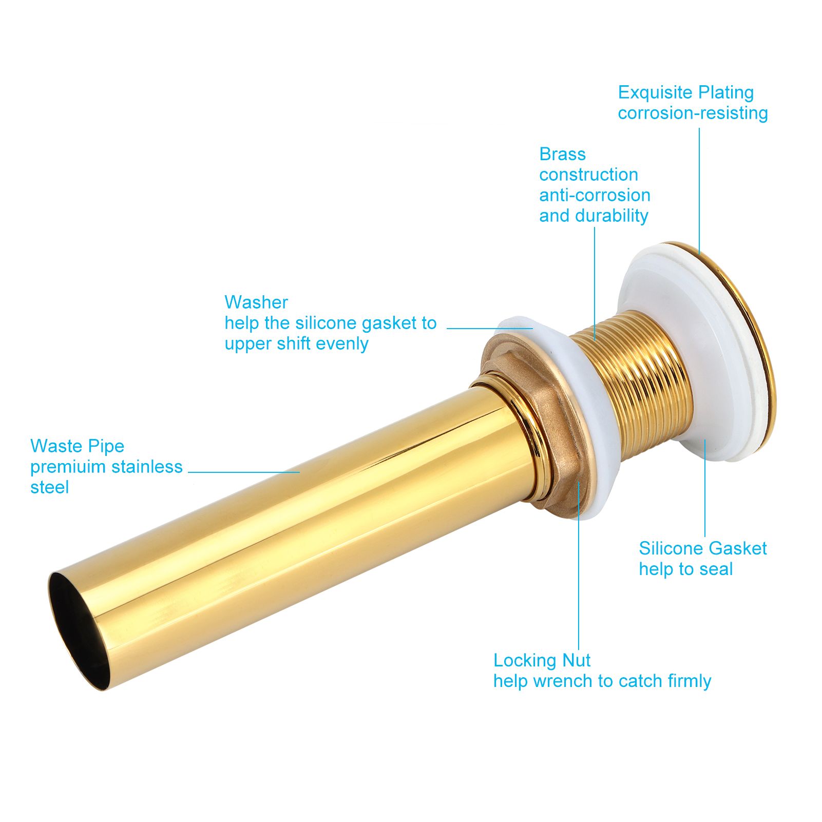 Gold Sink Drain without Overflow Anti Clog Bathroom Faucet Wash Basin Drain view 14