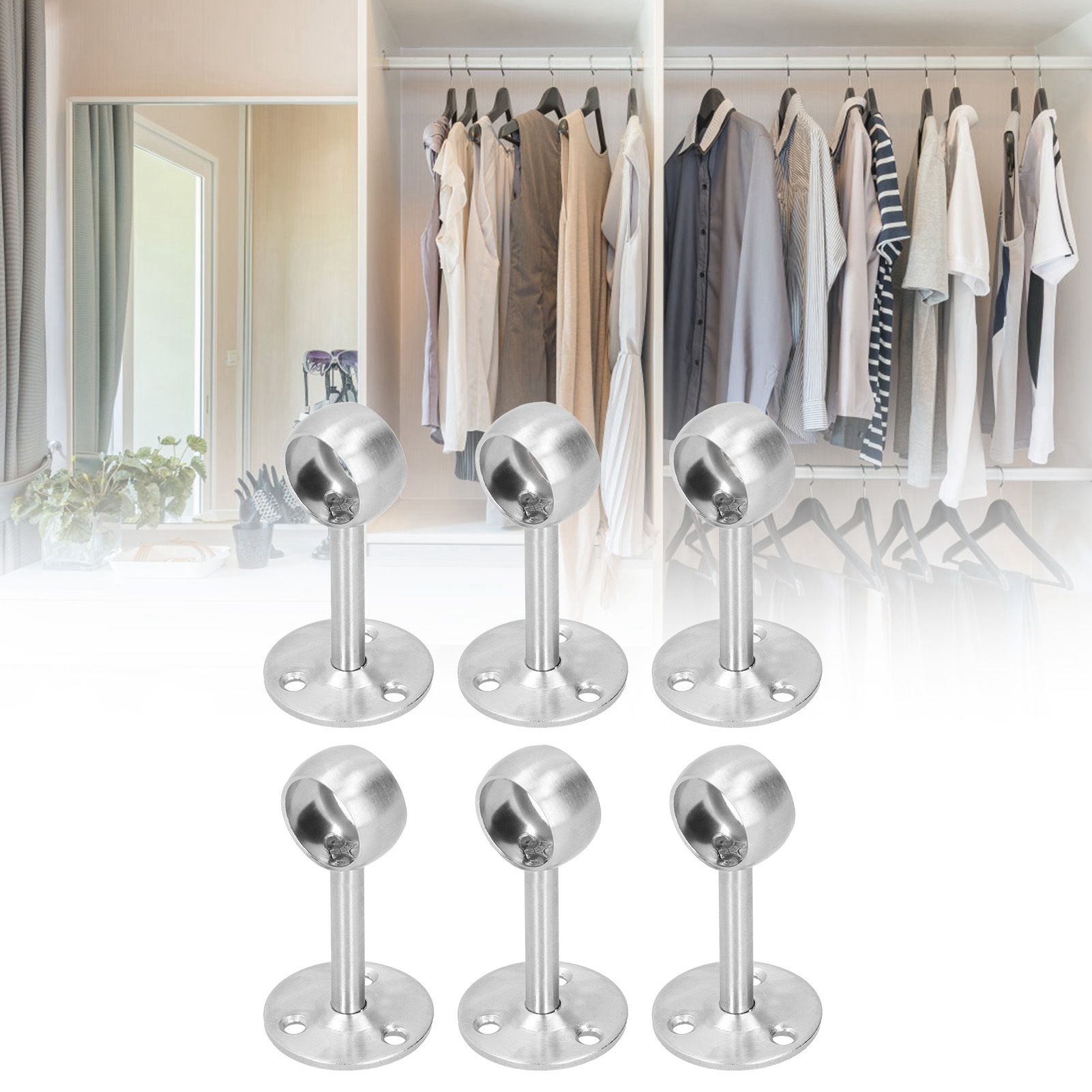 6Pcs Flanged Socket Stainless Steel Curtain Rod Brackets Wardrobe Pole Holder view 9
