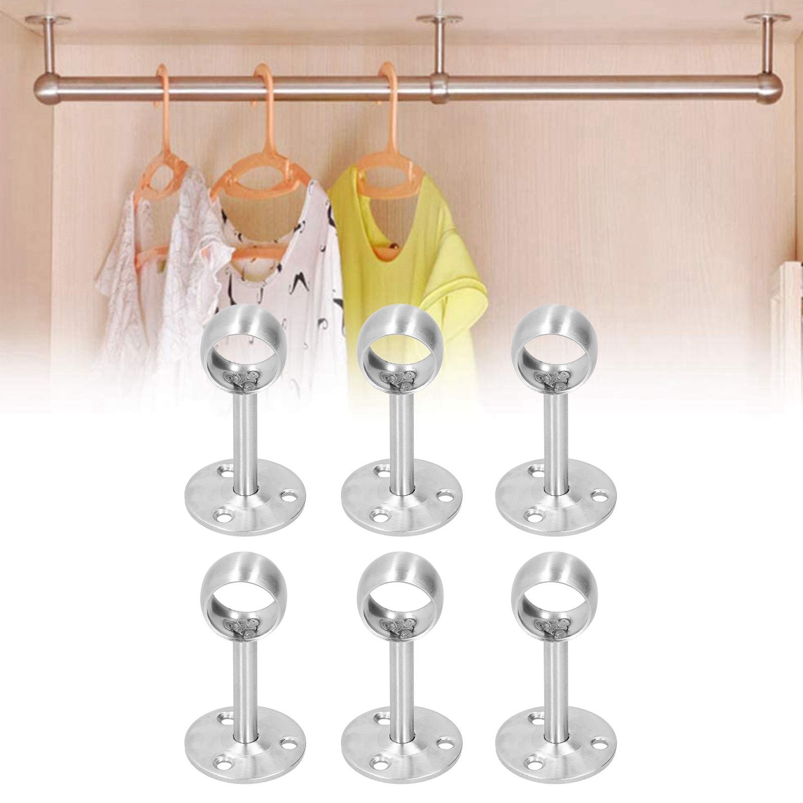 6Pcs Flanged Socket Stainless Steel Curtain Rod Brackets Wardrobe Pole Holder view 10