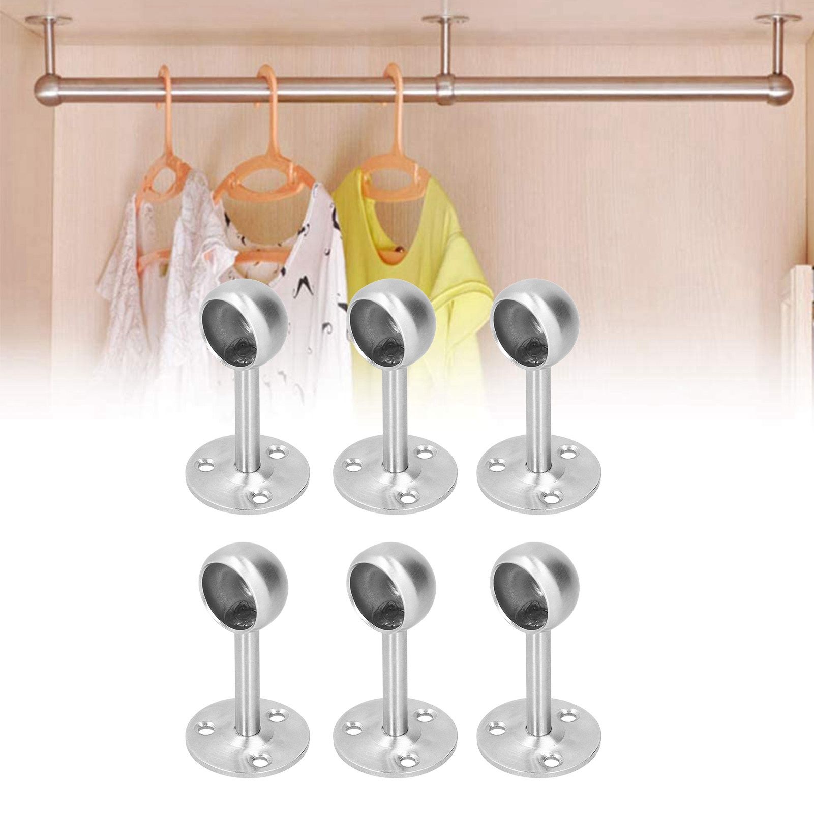 6Pcs Flanged Socket Stainless Steel Curtain Rod Brackets Wardrobe Pole Holder view 9