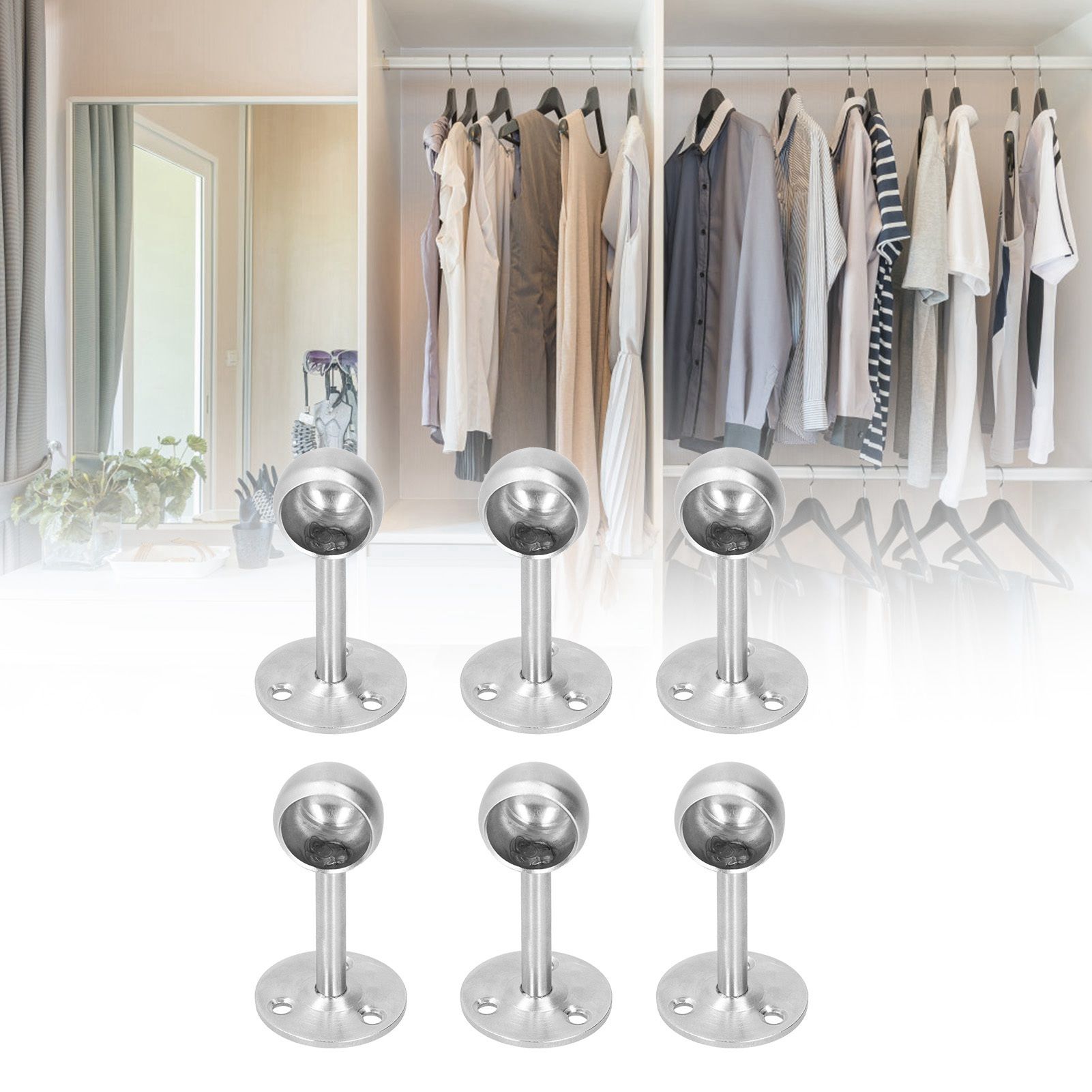 6Pcs Flanged Socket Stainless Steel Curtain Rod Brackets Wardrobe Pole Holder view 10