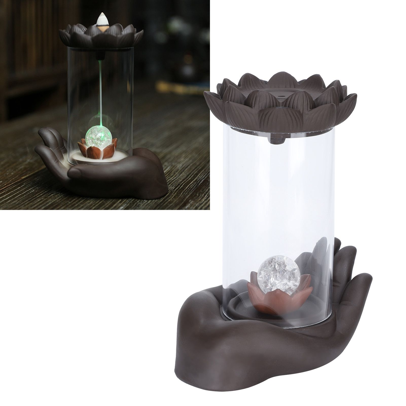 LED Waterfall Backflow Incense Burner with Windproof Cover Handicraft for Home view 9