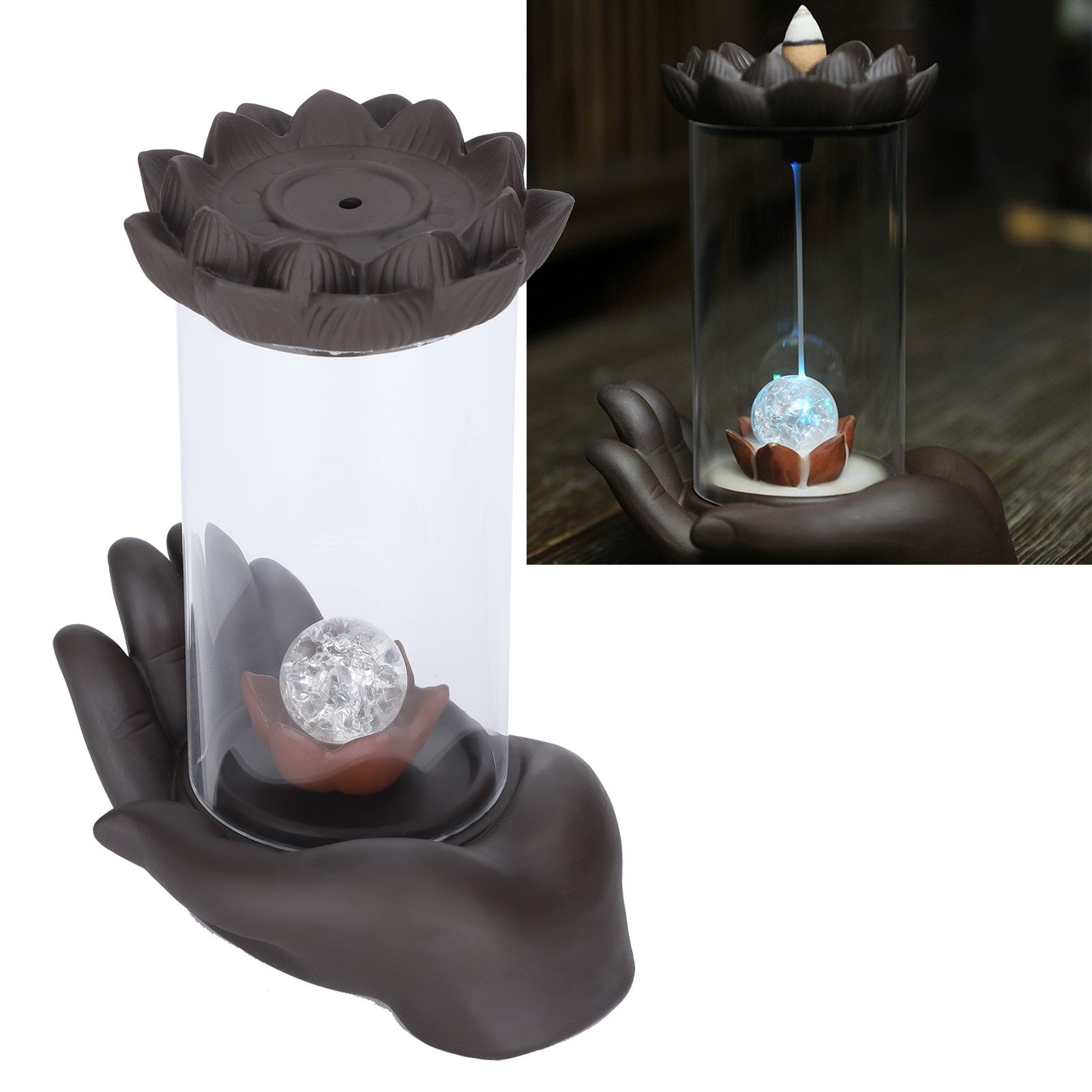 LED Waterfall Backflow Incense Burner with Windproof Cover Handicraft for Home view 10