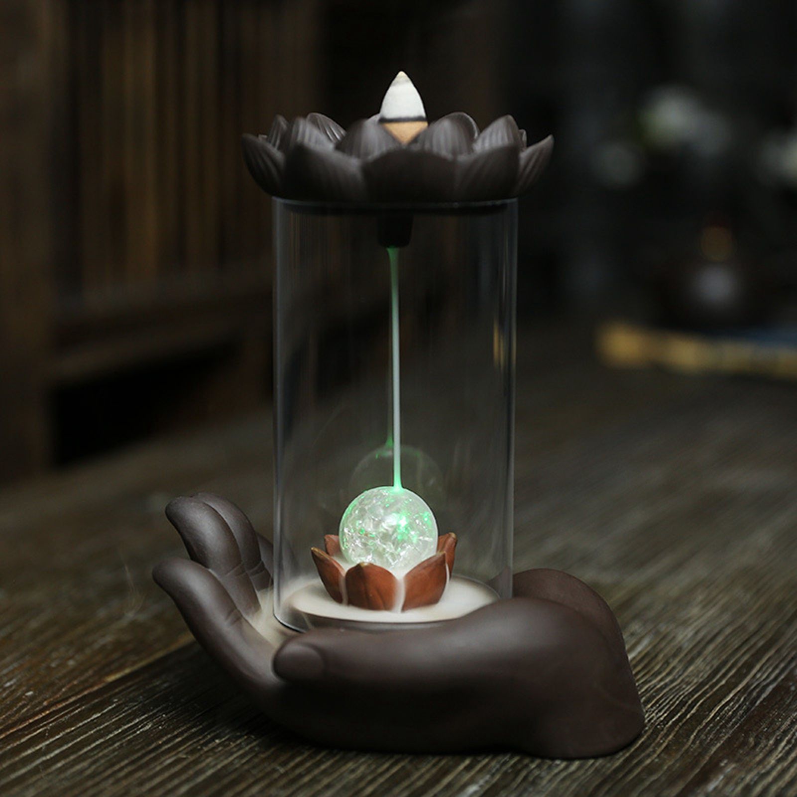 LED Waterfall Backflow Incense Burner with Windproof Cover Handicraft for Home view 14