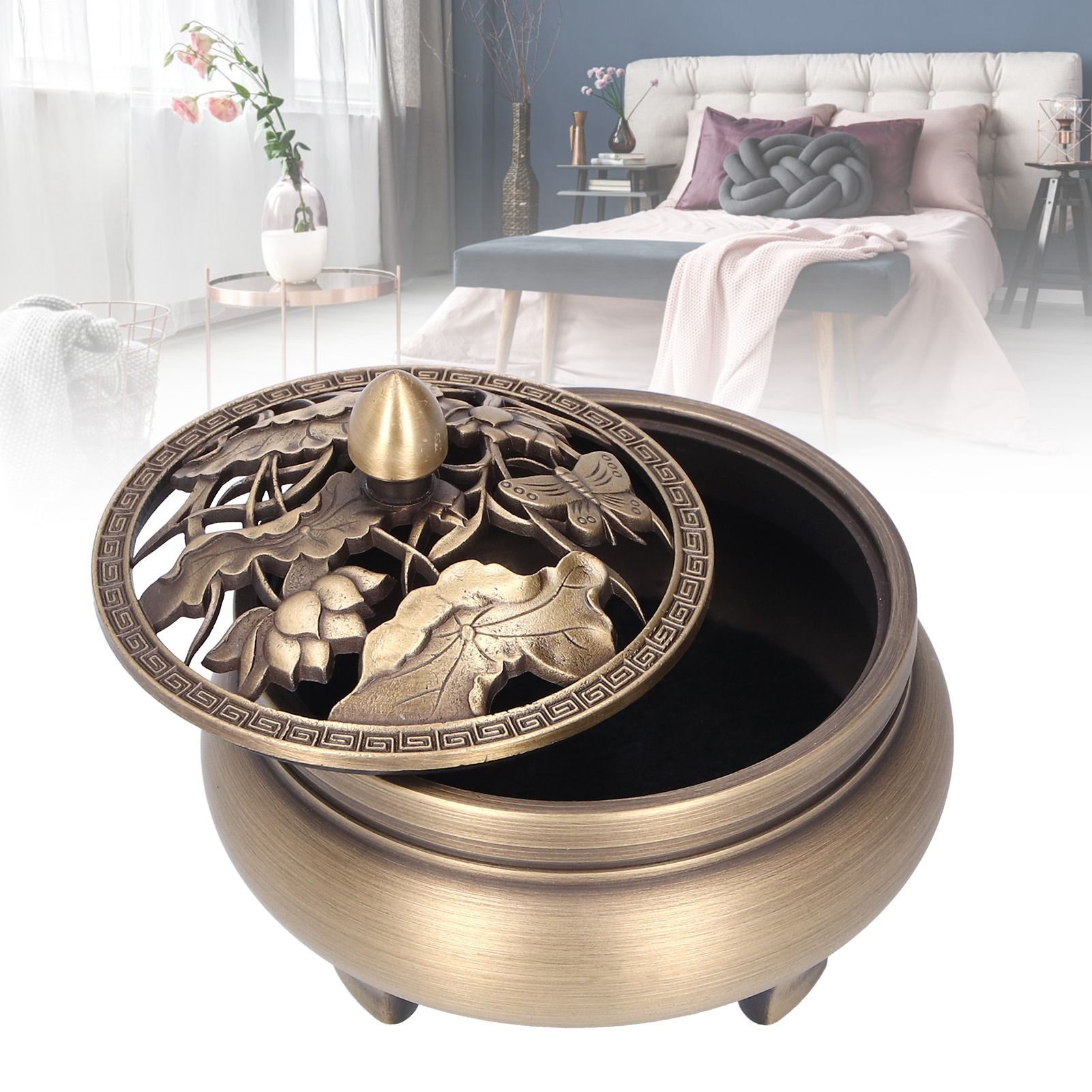 Antique Incense Burner Holder Brass with Lid 3‑Legged Buddha Ornament Home view 9