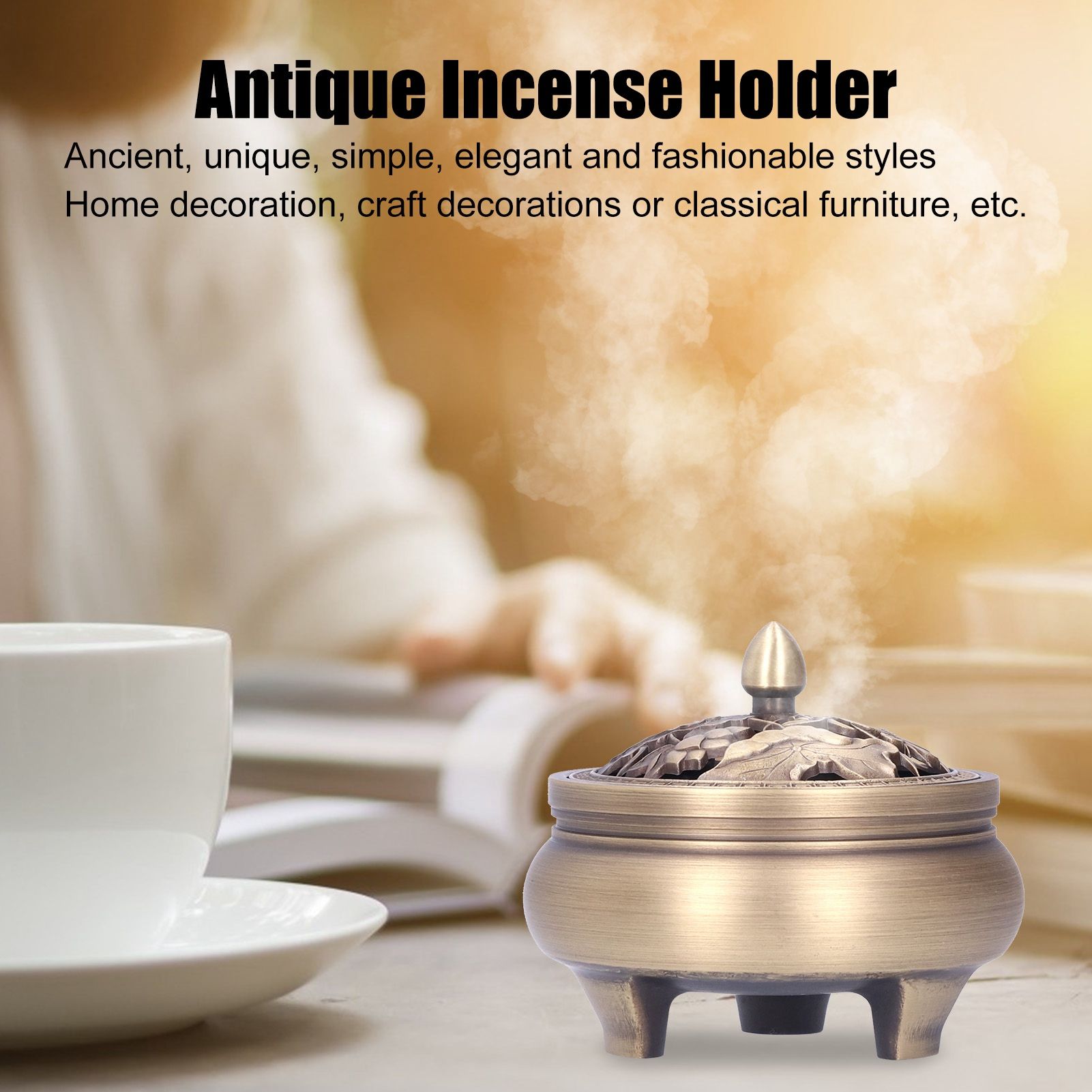 Antique Incense Burner Holder Brass with Lid 3‑Legged Buddha Ornament Home view 14