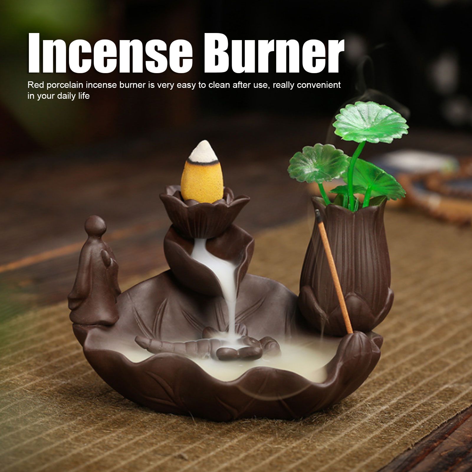 Incense Burner Red Porcelain Dragonfly Shape Backflow Smoke Waterfall view 12
