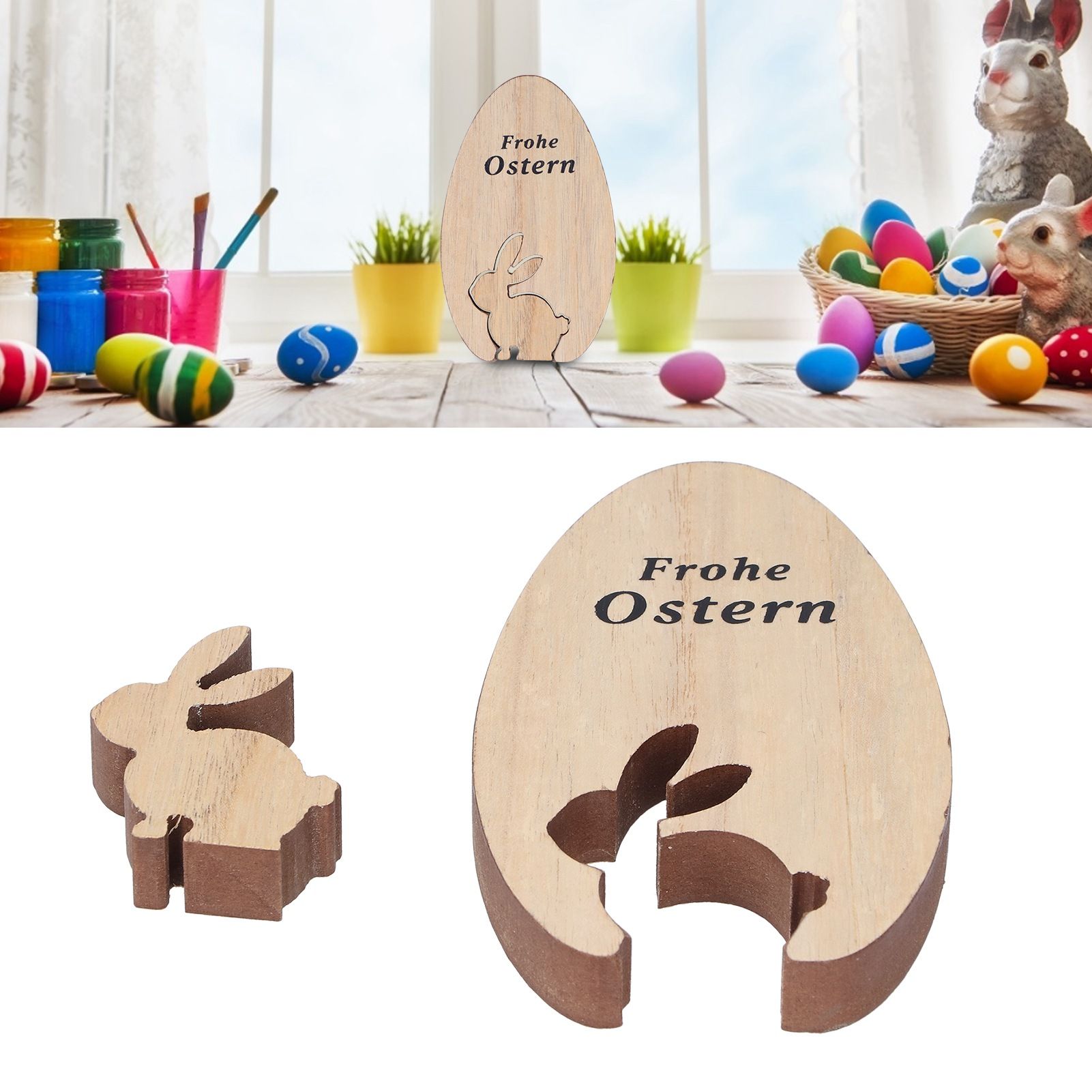 Wooden Egg Shape Ornament Cute Rabbit Tabletop Decor Wooden Craft Ornaments view 9