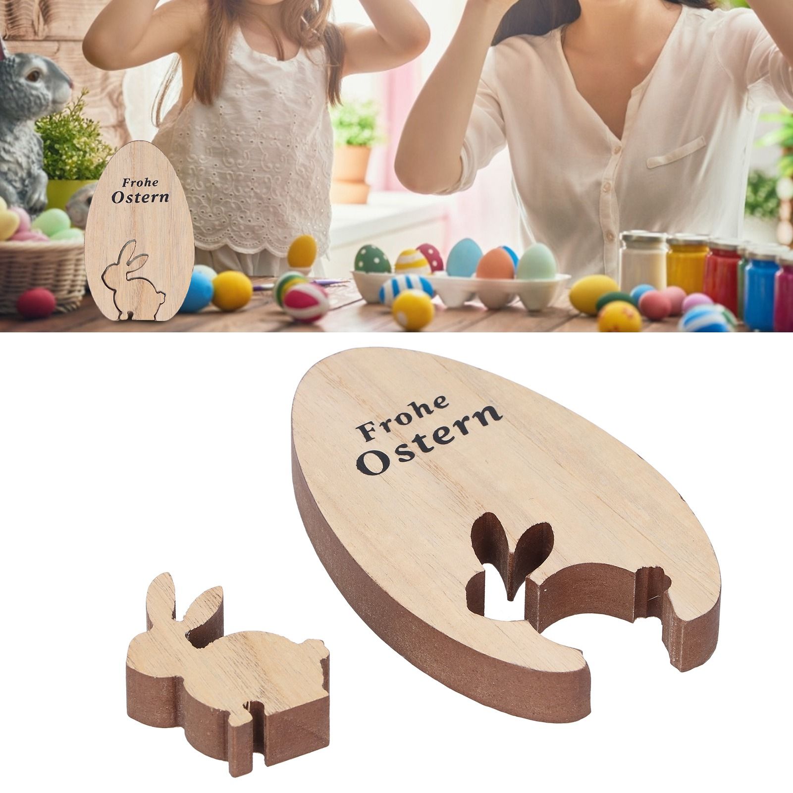 Wooden Egg Shape Ornament Cute Rabbit Tabletop Decor Wooden Craft Ornaments view 10