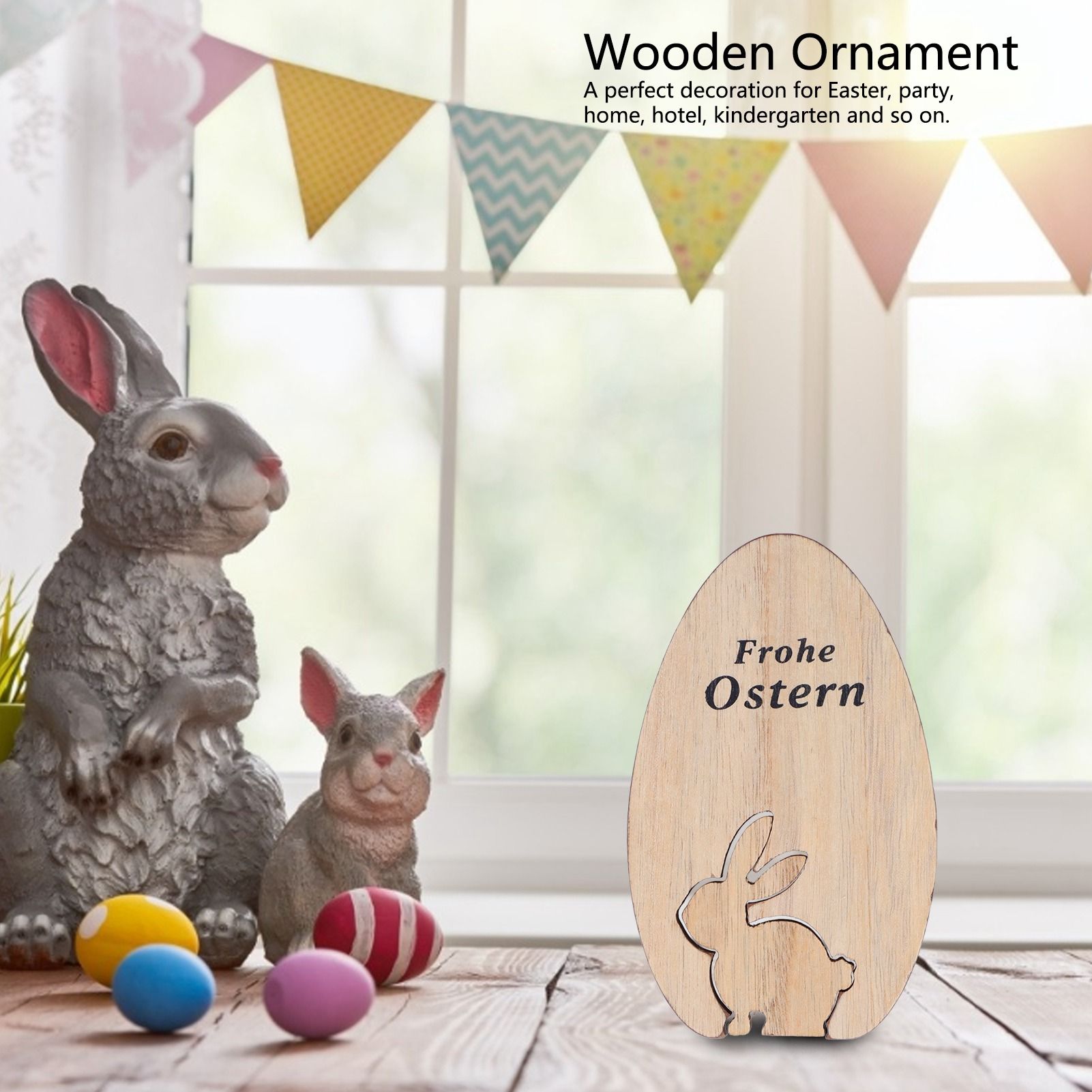 Wooden Egg Shape Ornament Cute Rabbit Tabletop Decor Wooden Craft Ornaments view 14