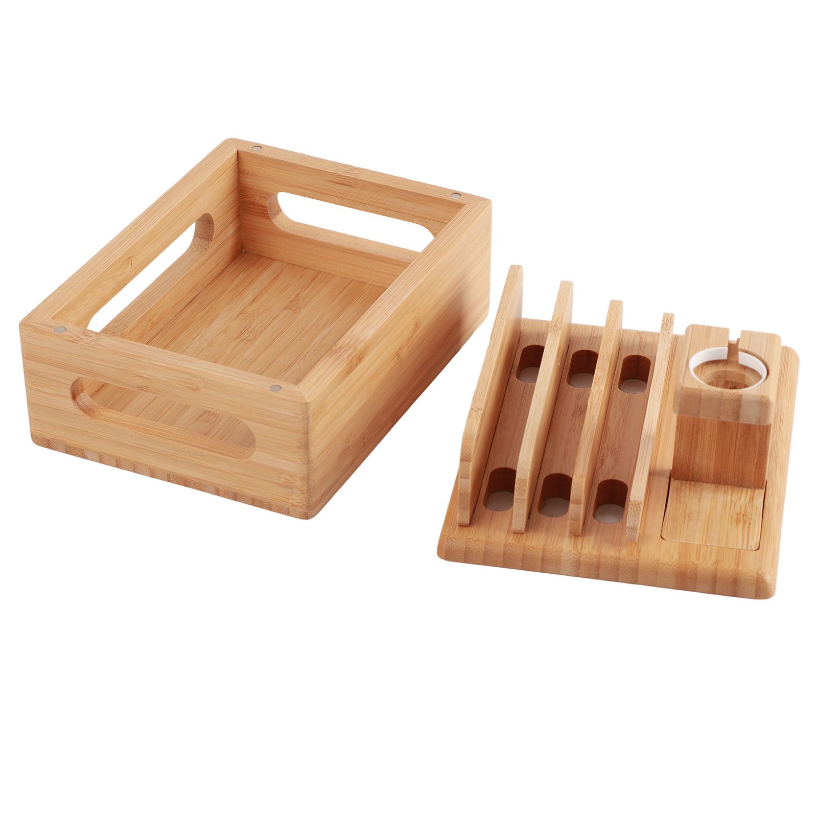 Bamboo Device Organizer Stand Cellphone Tablet Watch Holder Desktop Storage