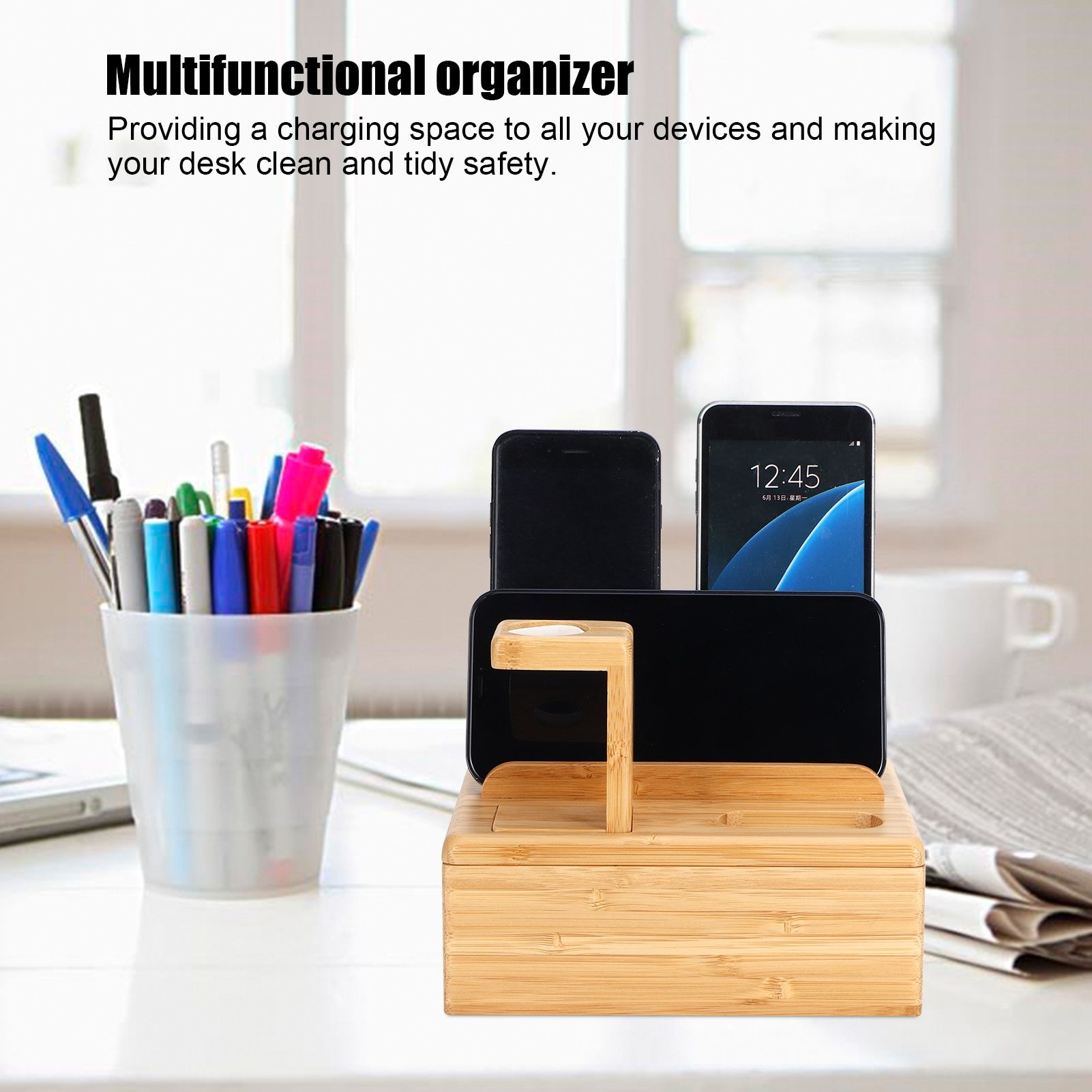 Bamboo Device Organizer Stand Cellphone Tablet Watch Holder Desktop Storage view 14