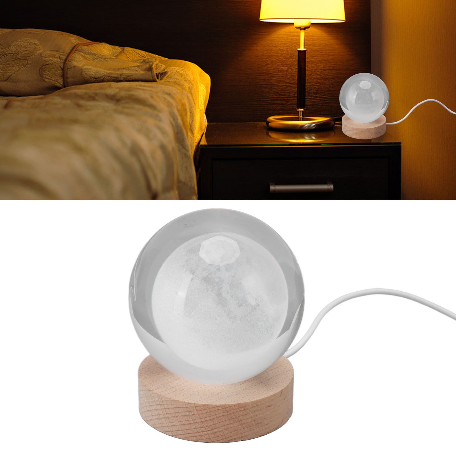 3D Moon Night Lamp Crystal Ball Night Light LED Wooden Inter Carving Tabletop view 12