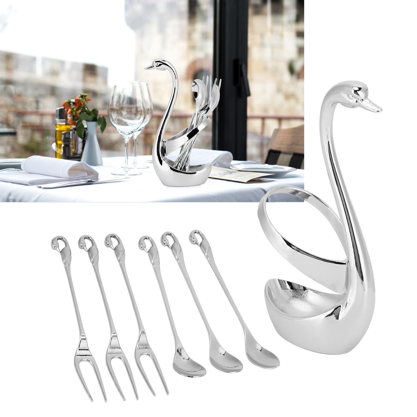 7Pcs/Set Zinc Alloy Dinnerware Swan Holder Tableware with 3 Spoons 3 Forks view 9