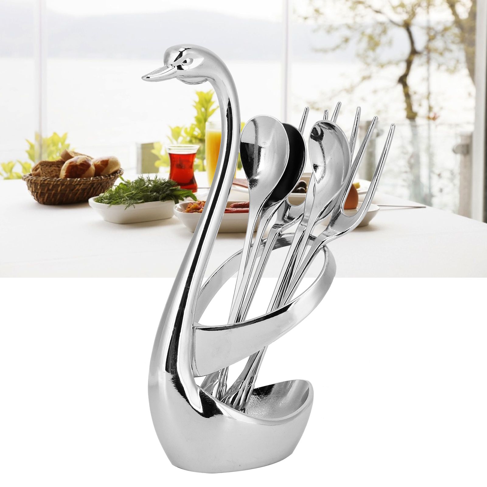 7Pcs/Set Zinc Alloy Dinnerware Swan Holder Tableware with 3 Spoons 3 Forks view 10