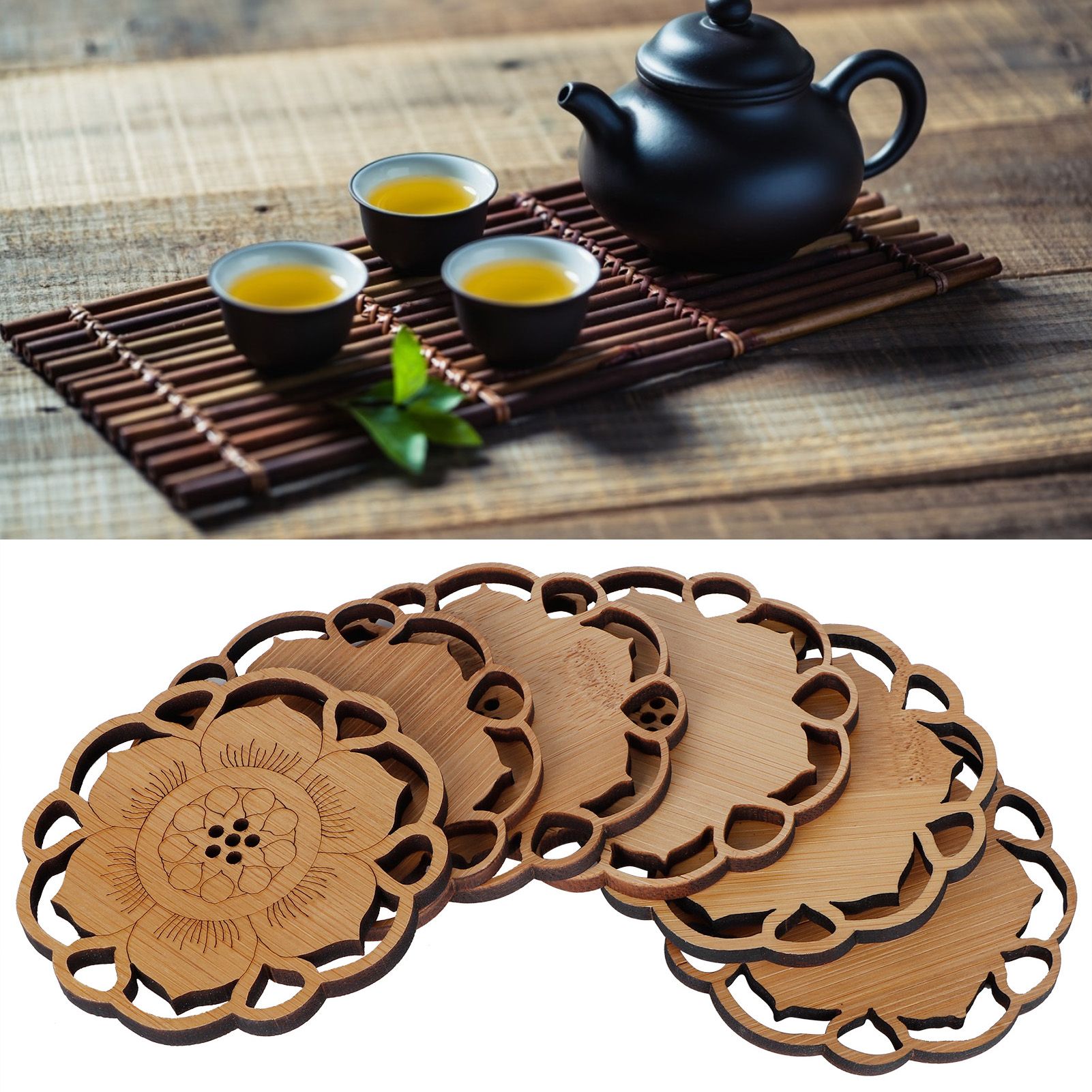 6Pcs/Set Teacup Mat Bamboo Coaster Heat Insulated Cup Pad Drinkware Tabletop view 10
