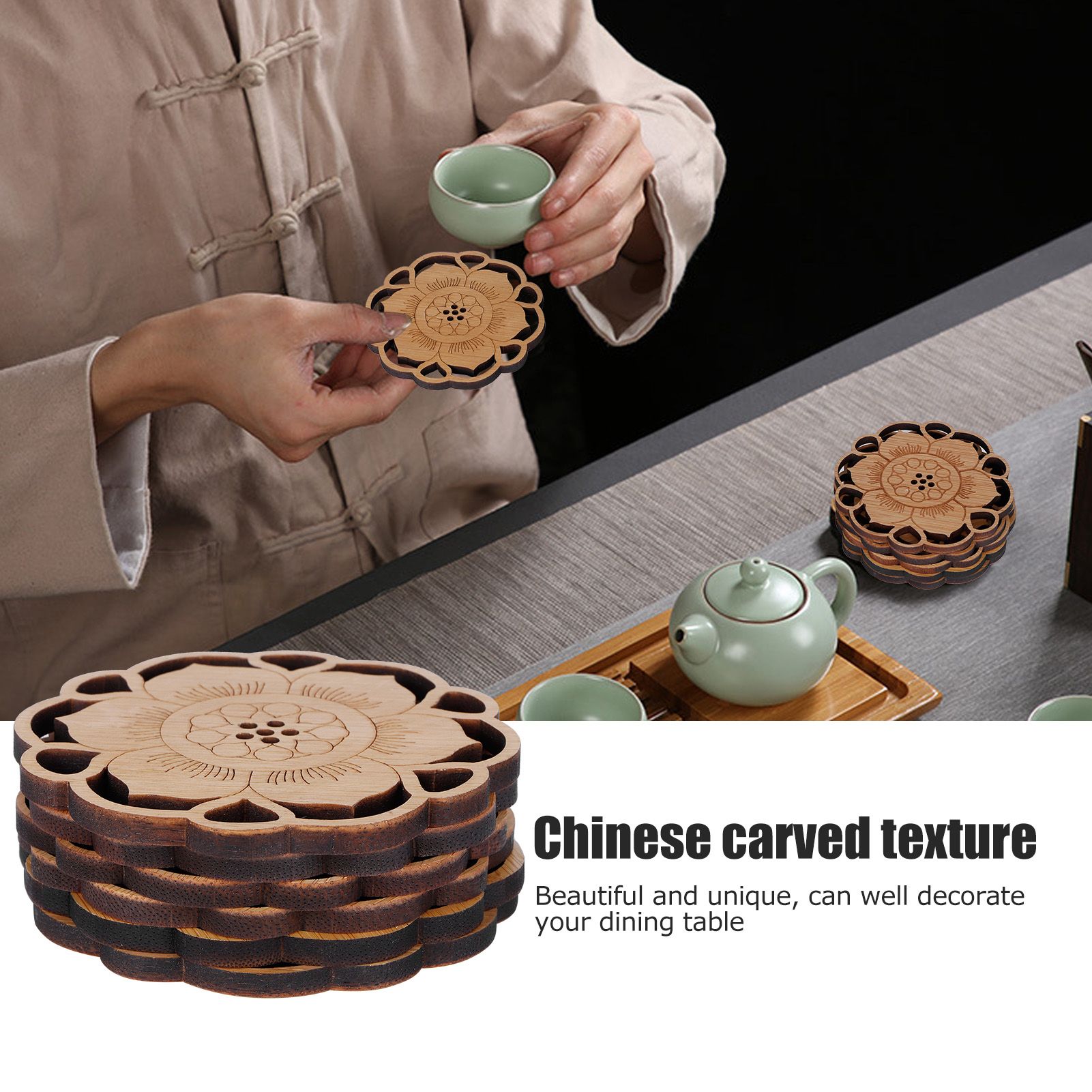 6Pcs/Set Teacup Mat Bamboo Coaster Heat Insulated Cup Pad Drinkware Tabletop view 13