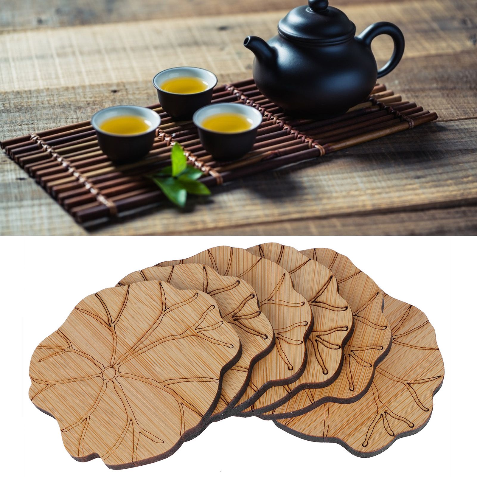 6Pcs/Set Teacup Mat Bamboo Coaster Heat Insulated Cup Pad Drinkware Tabletop view 10