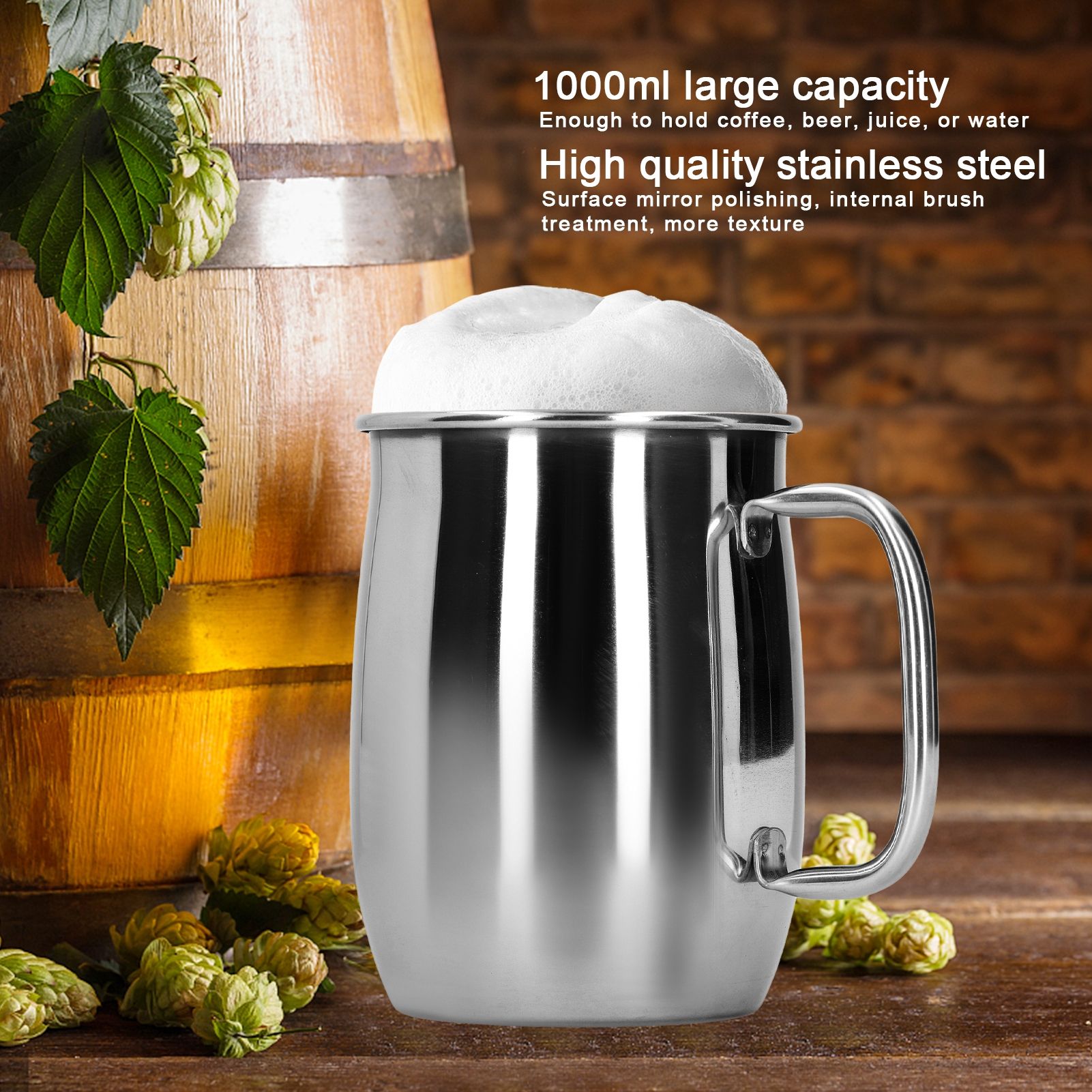 1000ml Stainless Steel Wine Bar Beer Mug Water Cup with Handle Portable Coffee view 15