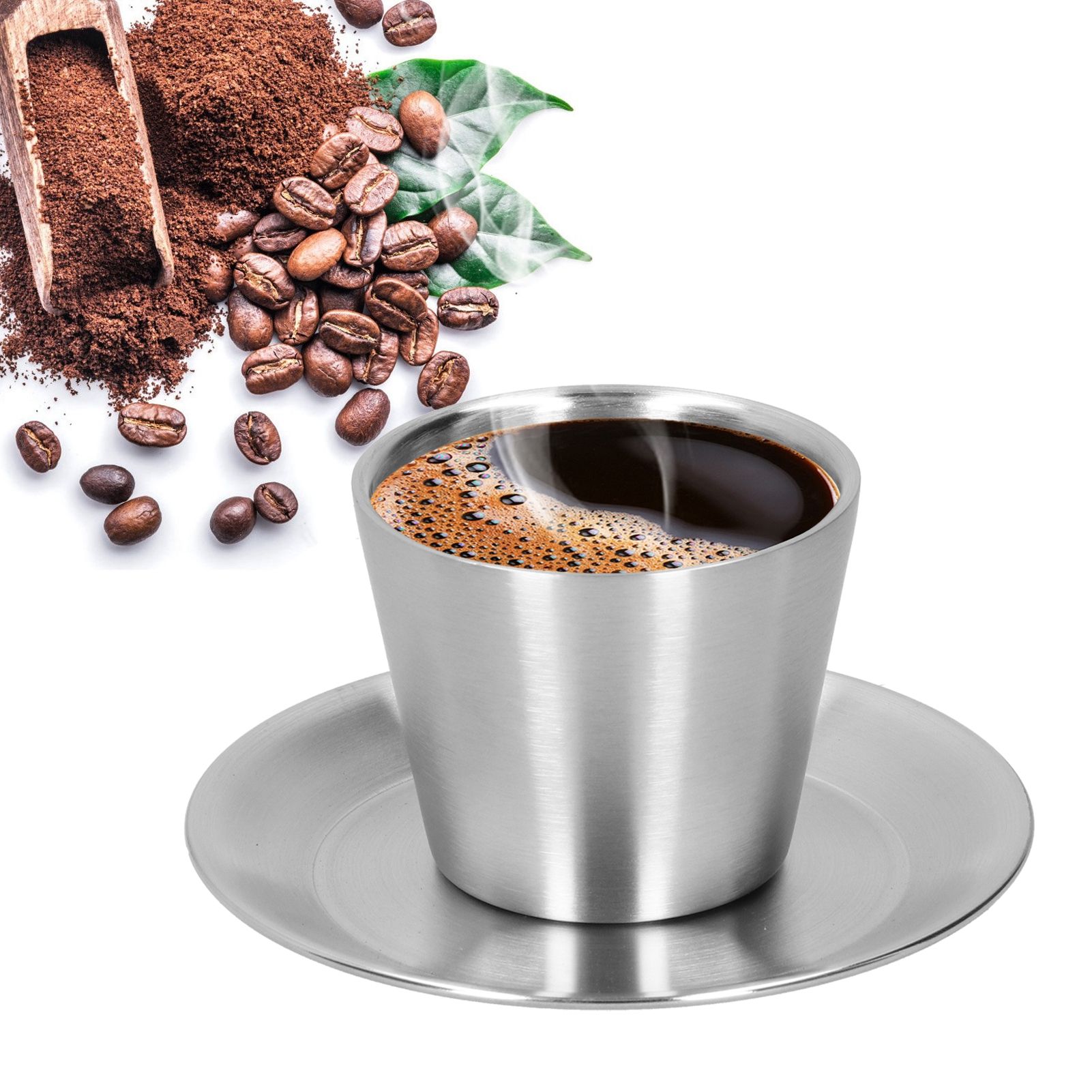 Stainless Steel Coffee Cup Set Double Walled Coffee Mug with Saucer Tea Mug view 9
