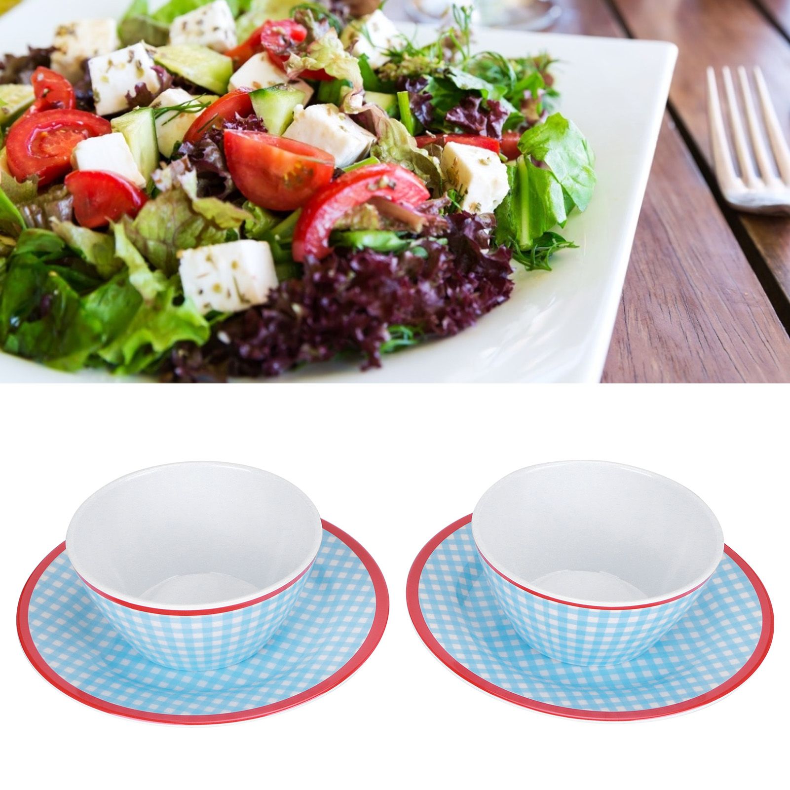 4Pcs/Set Salad Bowl Dish Light Blue Grid Pattern Imitation Porcelain Snack view 9