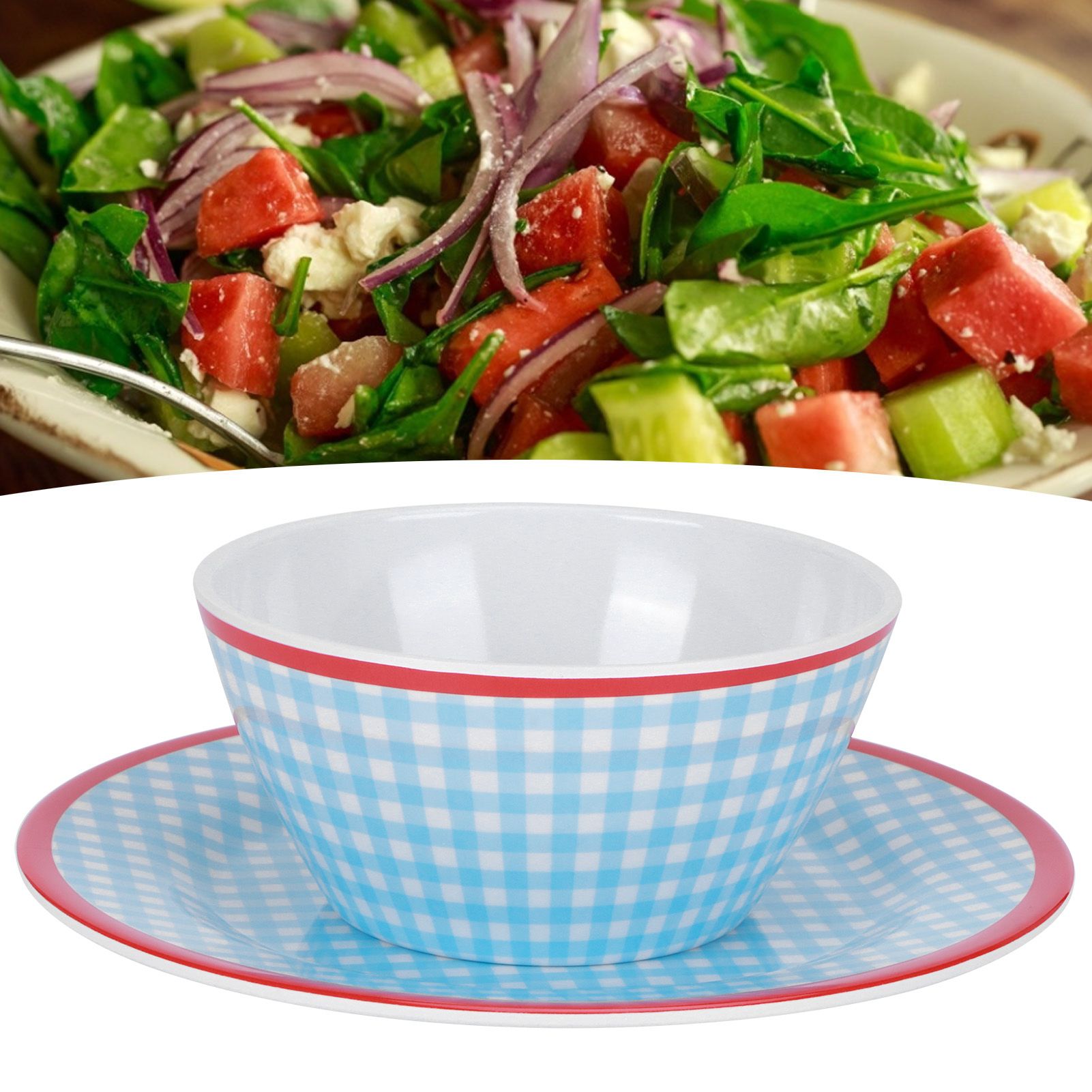 4Pcs/Set Salad Bowl Dish Light Blue Grid Pattern Imitation Porcelain Snack view 10