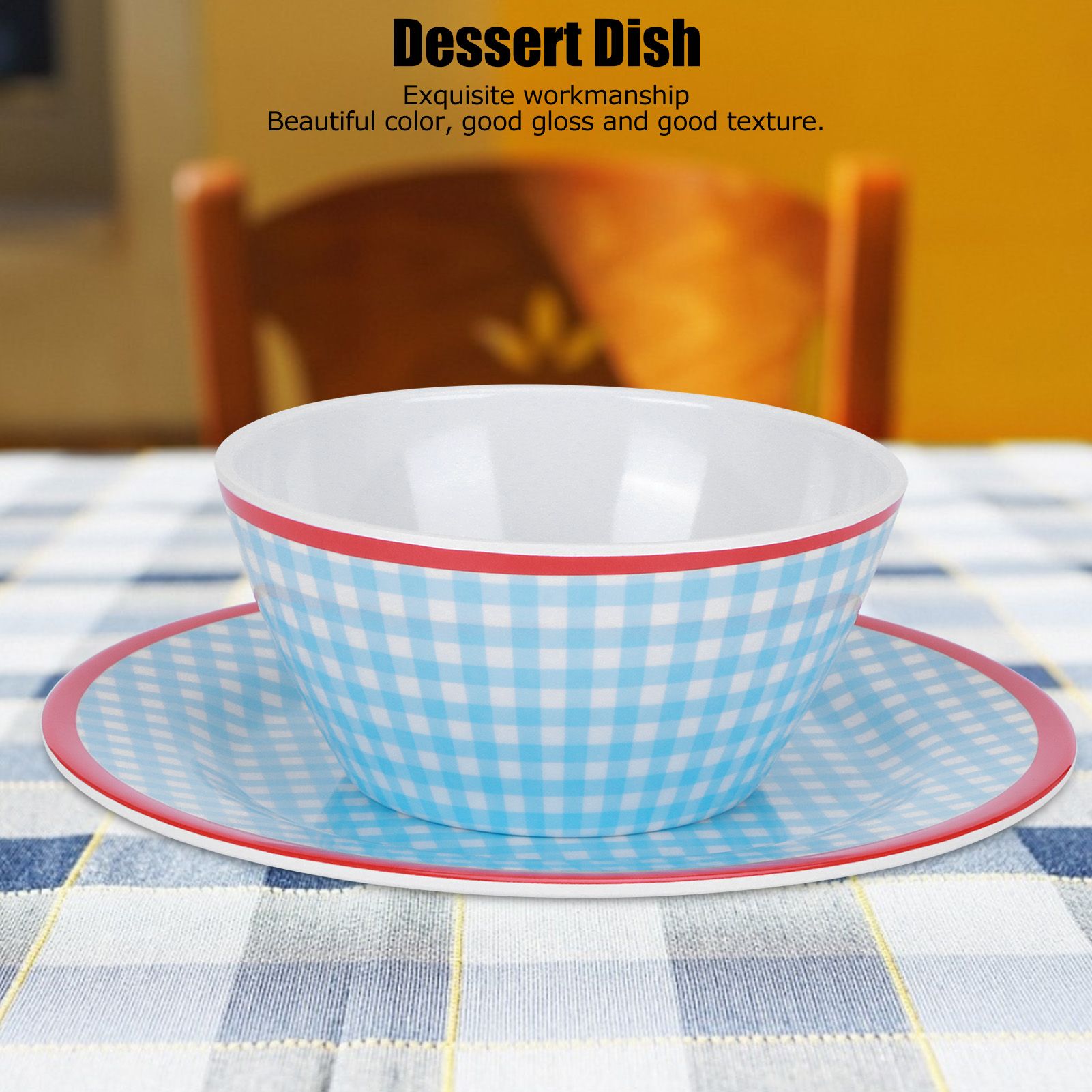 4Pcs/Set Salad Bowl Dish Light Blue Grid Pattern Imitation Porcelain Snack view 15