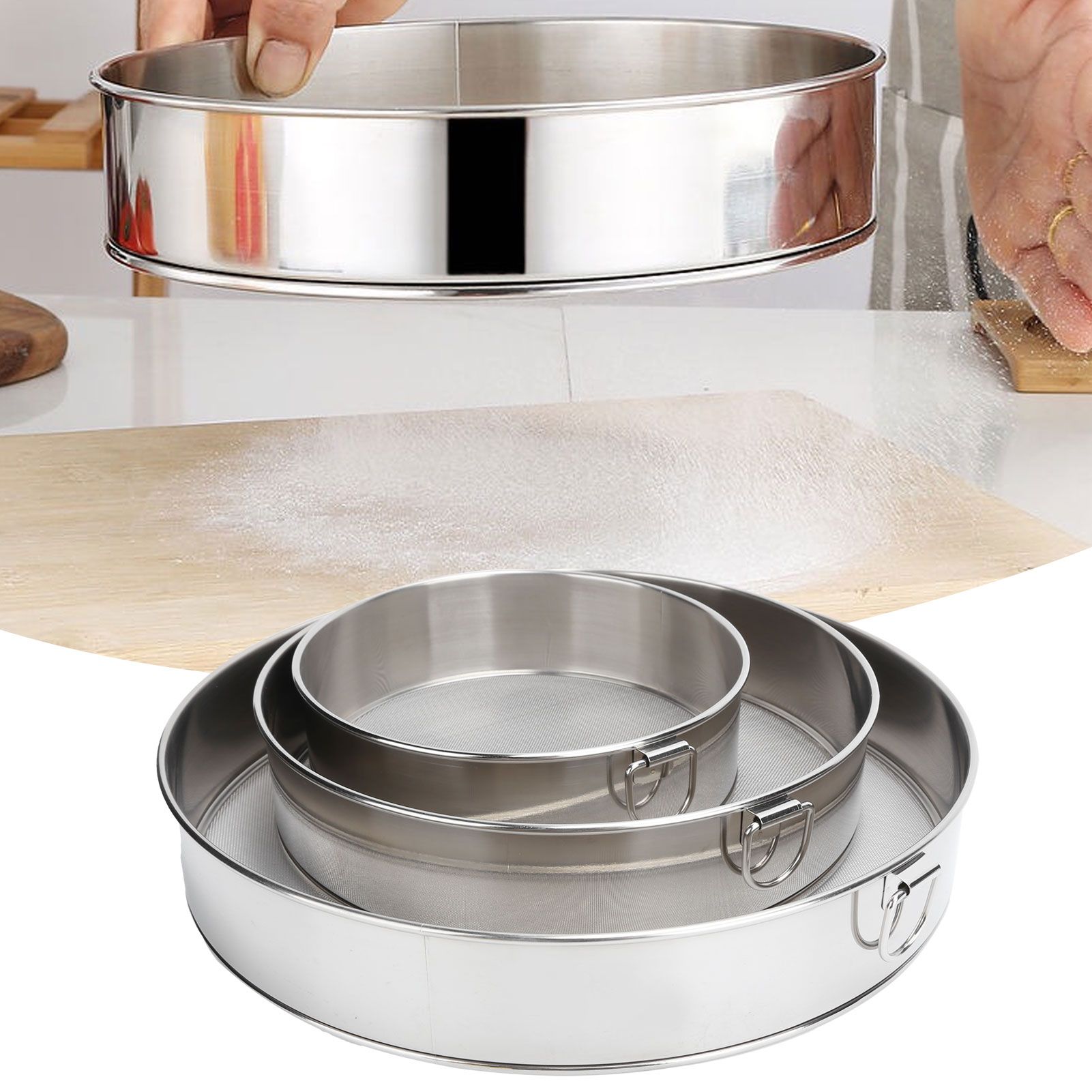 3Pcs Flour Sieve Set 304 Stainless Steel Round Flour Powder Filter Sifter view 10