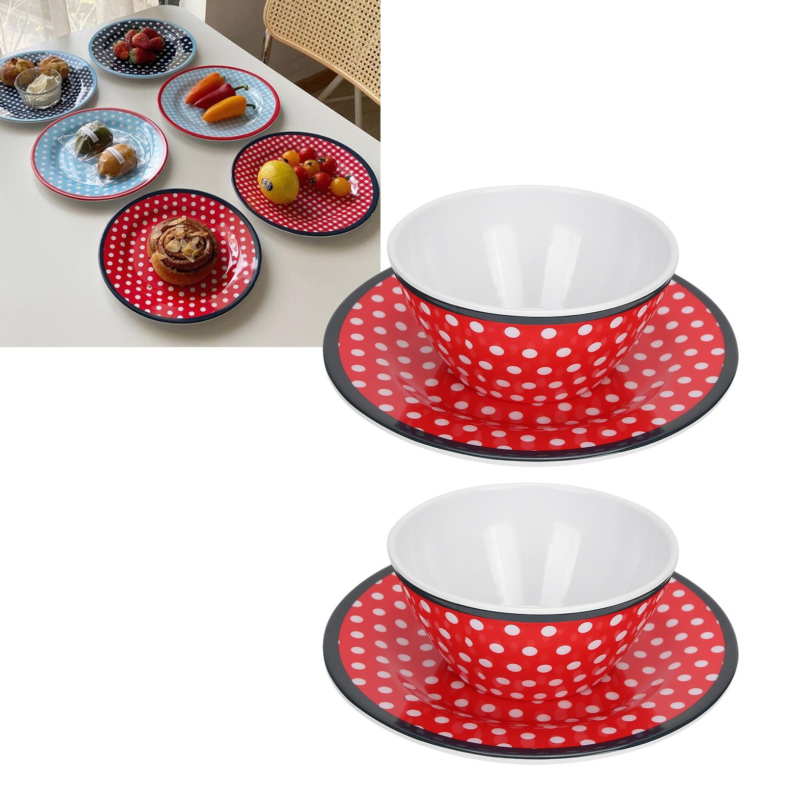 4Pcs Salad Dish Set Red Dots Imitation Porcelain Plate Fruit Food Cake Dish view 9