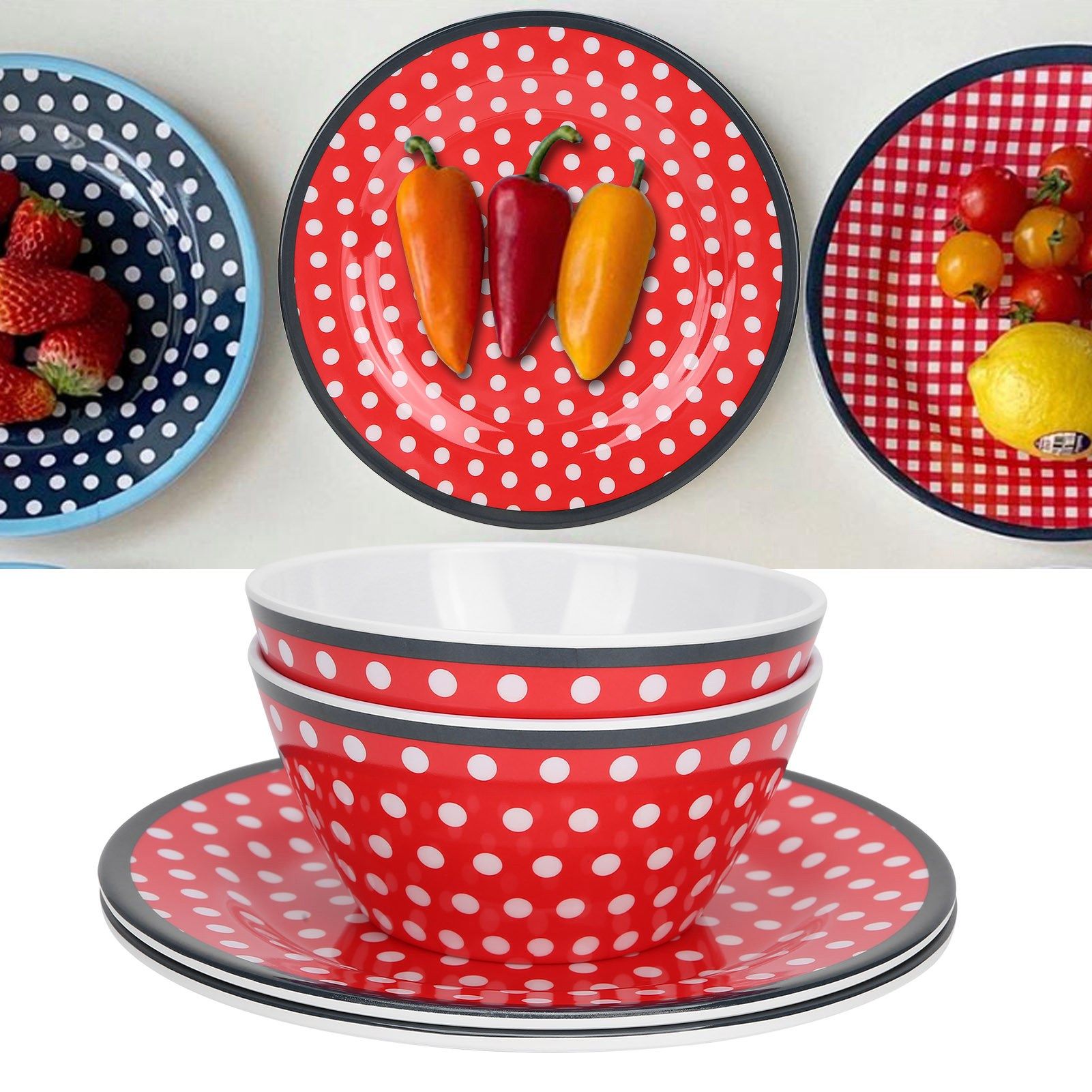 4Pcs Salad Dish Set Red Dots Imitation Porcelain Plate Fruit Food Cake Dish view 10