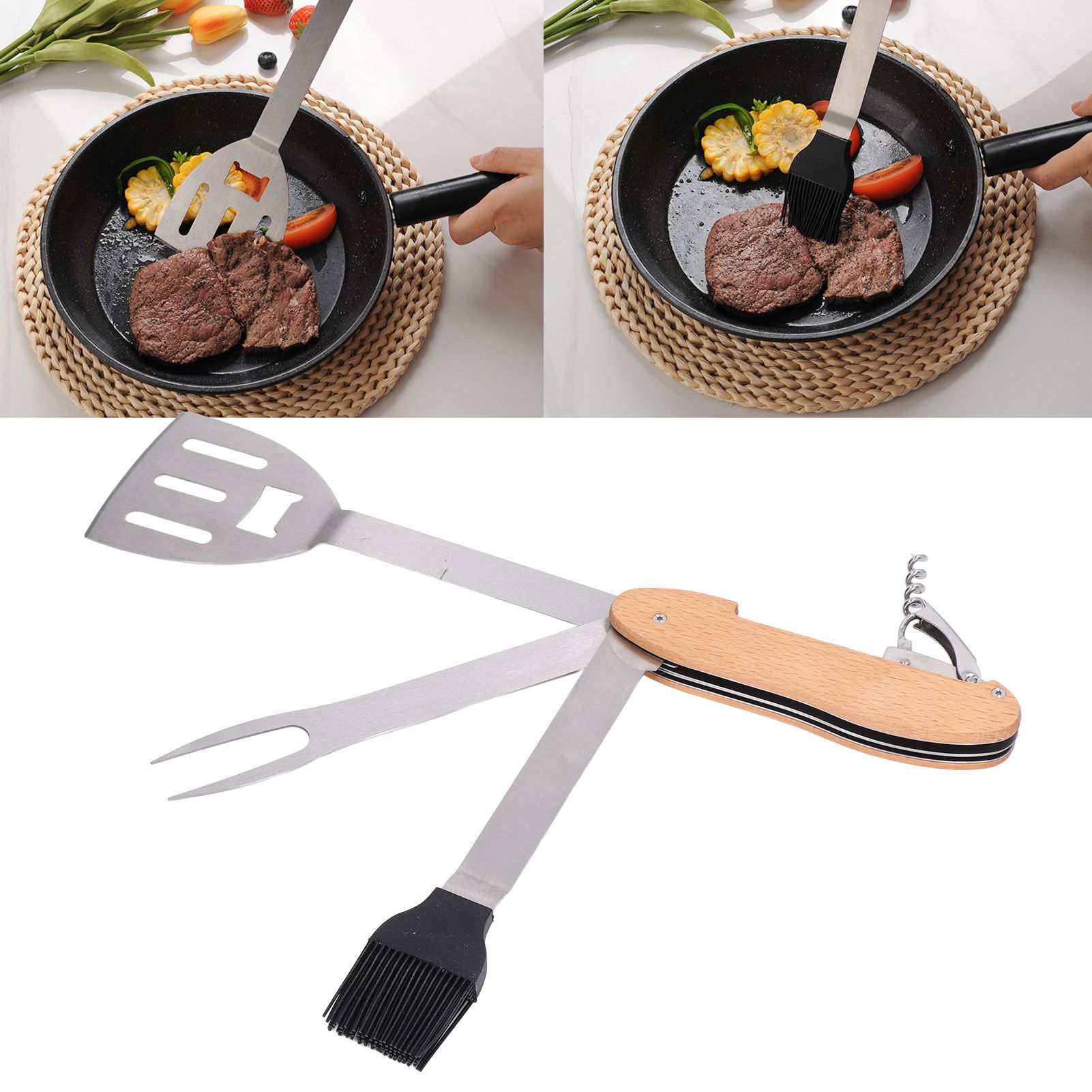 BBQ Tool Set 5 in 1 Multifunction Foldable Portable Spatula Brush Fork Bottle view 11